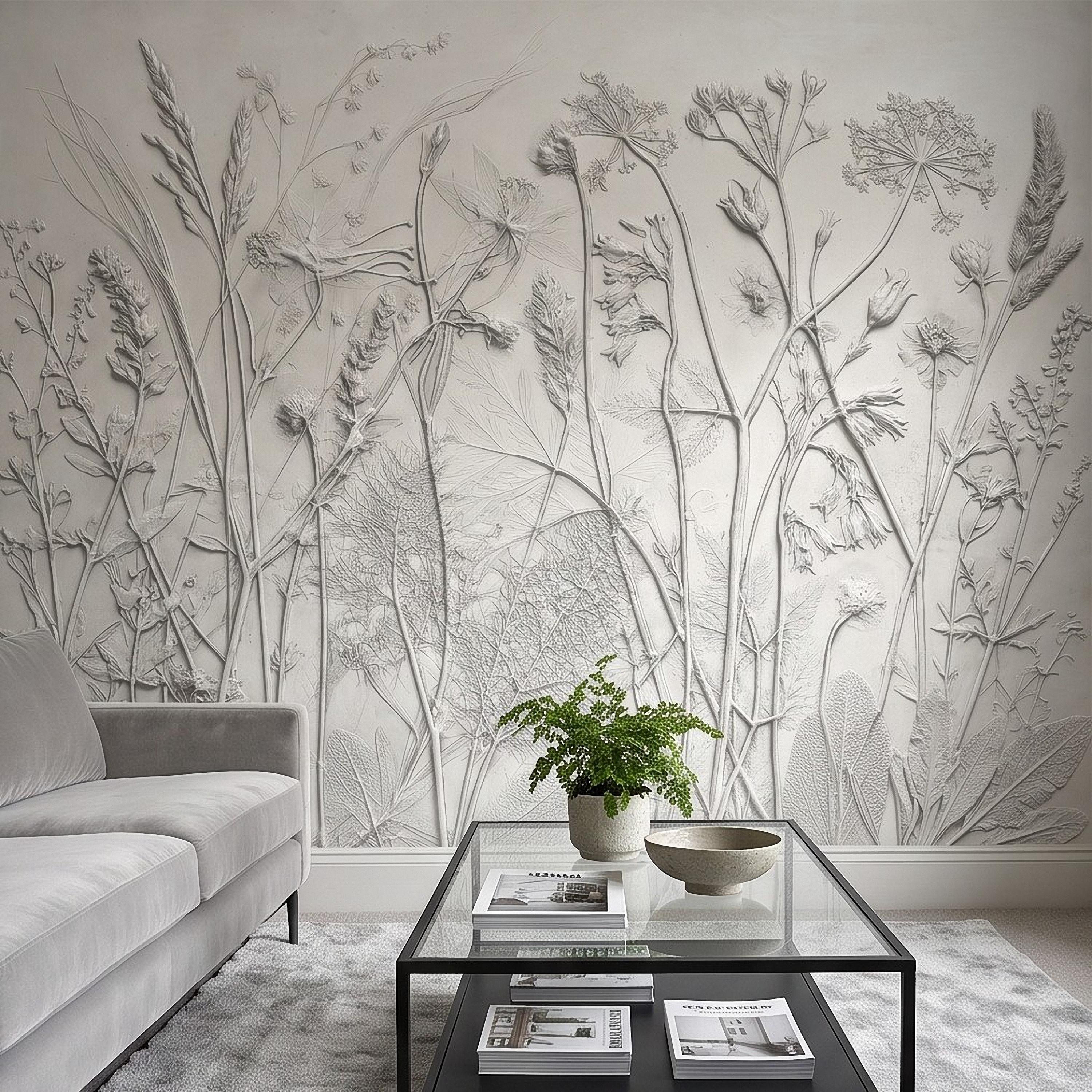 Botanical Plaster Relief Peel and Stick Wall Mural, Wildflowers and Meadow Grasses Textured Floral Wallpaper