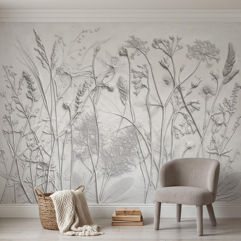 Botanical Plaster Relief Peel and Stick Wall Mural, Wildflowers and Meadow Grasses Textured Floral Wallpaper