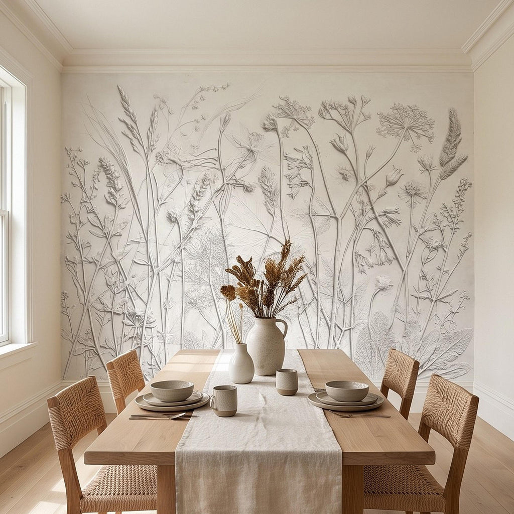 Botanical Plaster Relief Peel and Stick Wall Mural, Wildflowers and Meadow Grasses Textured Floral Wallpaper