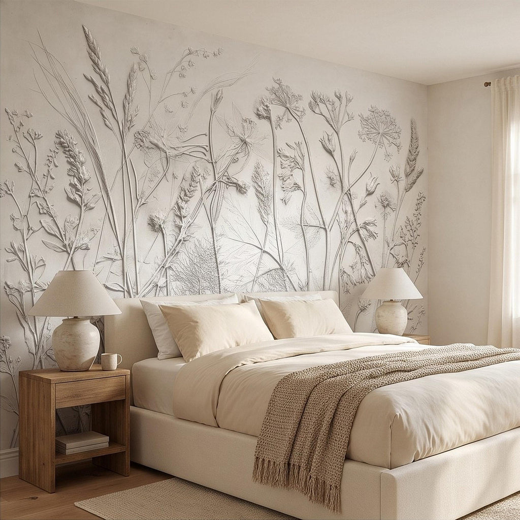 Botanical Plaster Relief Peel and Stick Wall Mural, Wildflowers and Meadow Grasses Textured Floral Wallpaper