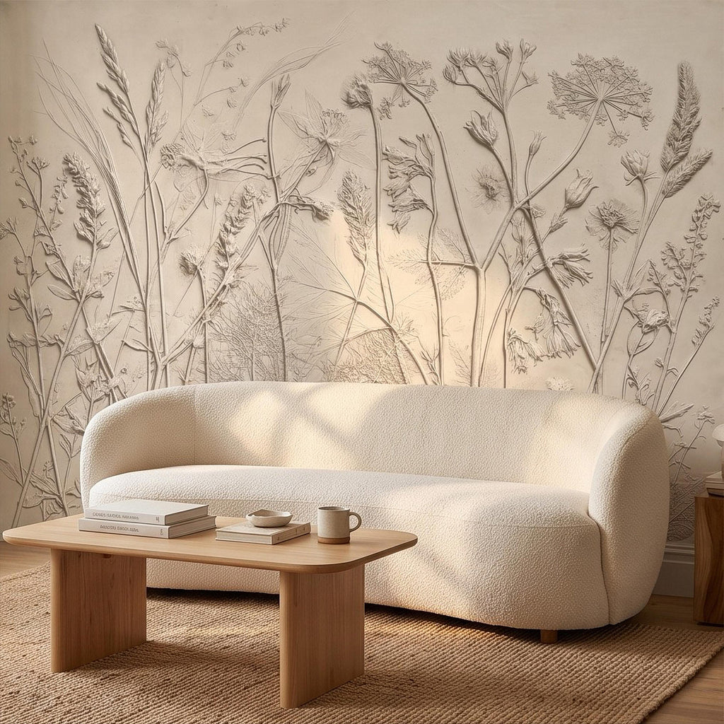 Botanical Plaster Relief Peel and Stick Wall Mural, Wildflowers and Meadow Grasses Textured Floral Wallpaper