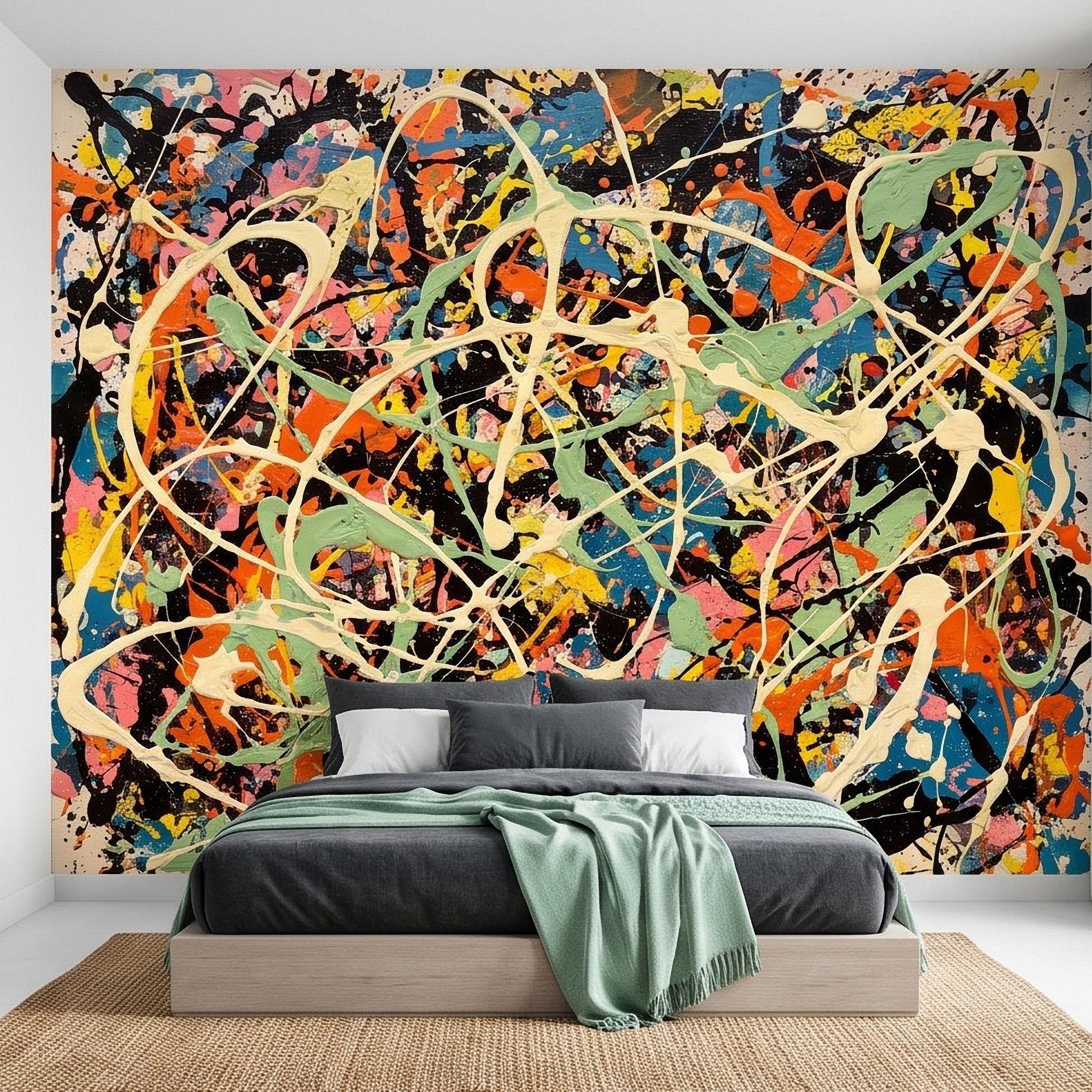 Abstract Paint Splatter Peel and Stick Wall Mural, Colorful Drip Composition, Expressionist Action Painting Modern Wallpaper