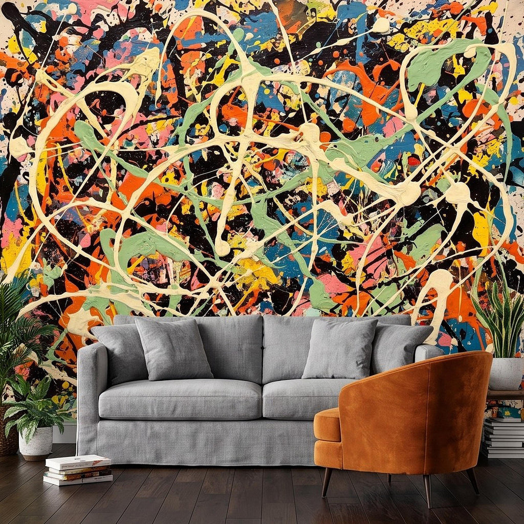 Abstract Paint Splatter Peel and Stick Wall Mural, Colorful Drip Composition, Expressionist Action Painting Modern Wallpaper
