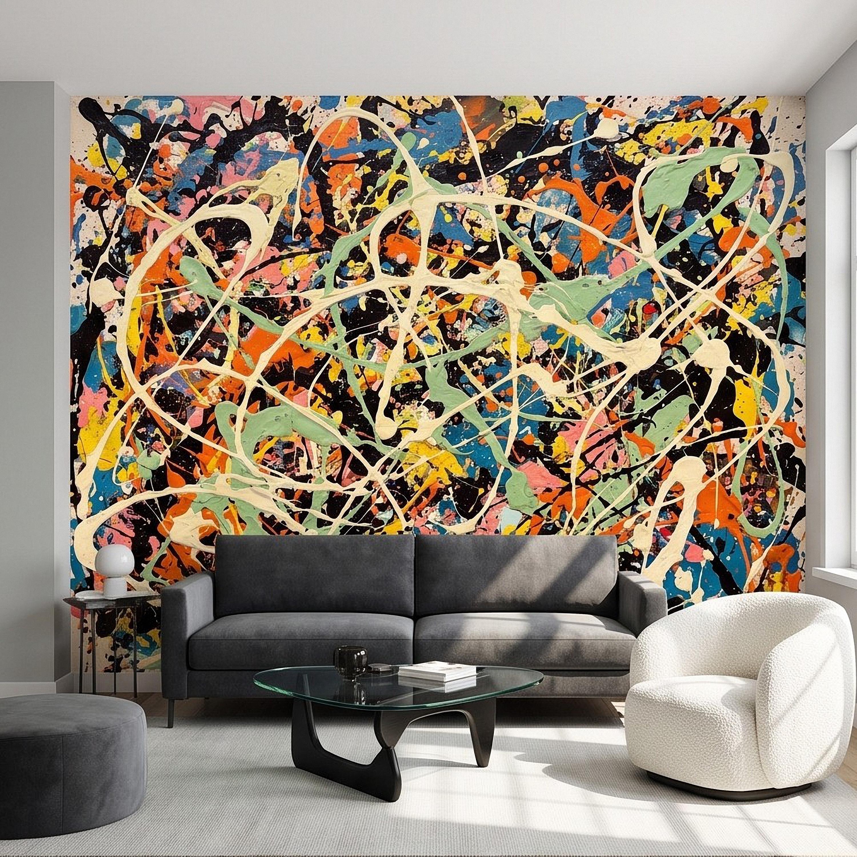 Abstract Paint Splatter Peel and Stick Wall Mural, Colorful Drip Composition, Expressionist Action Painting Modern Wallpaper
