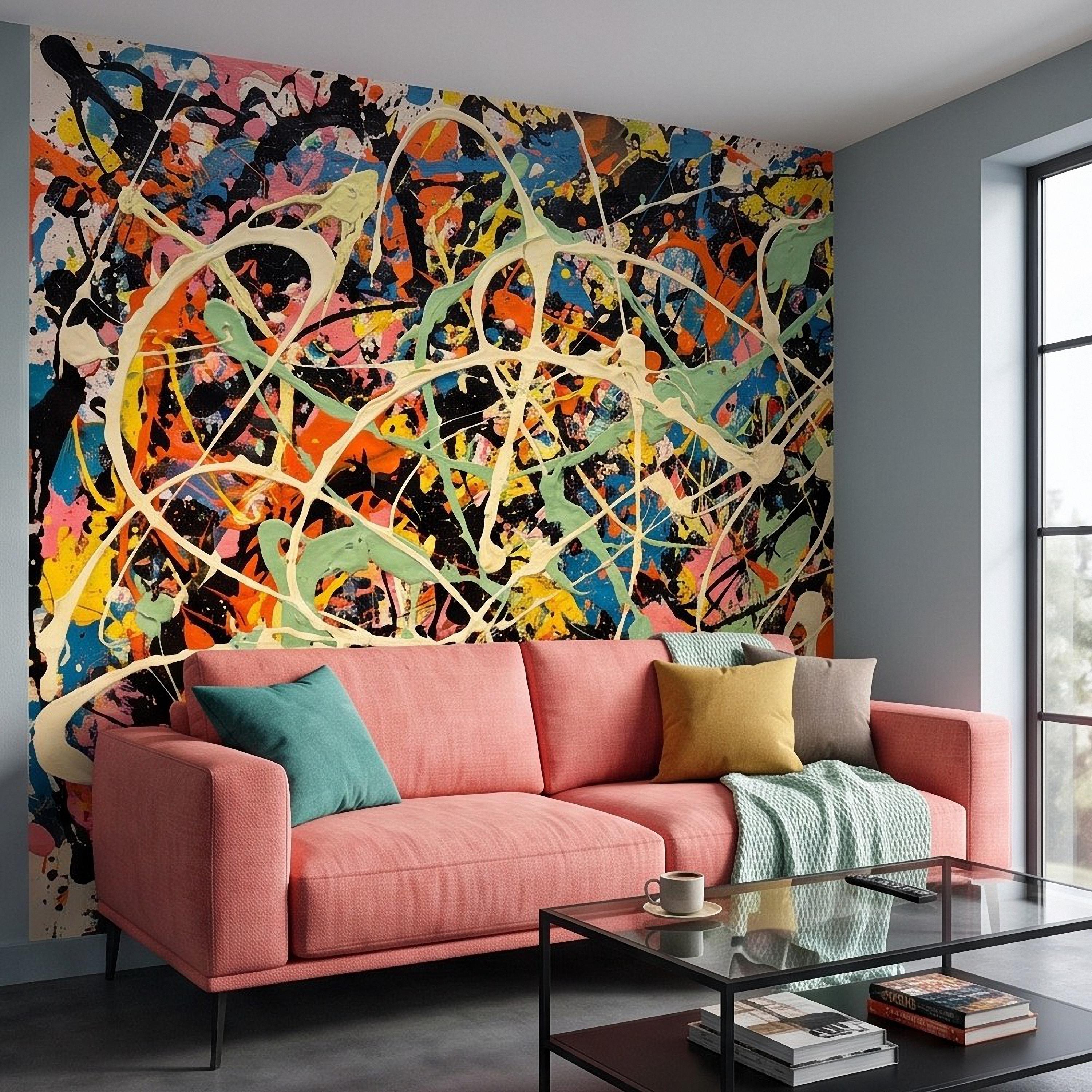 Abstract Paint Splatter Peel and Stick Wall Mural, Colorful Drip Composition, Expressionist Action Painting Modern Wallpaper