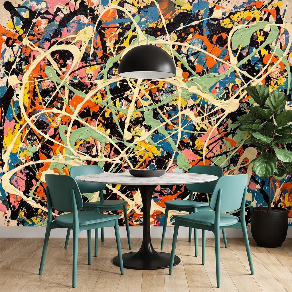 Abstract Paint Splatter Peel and Stick Wall Mural, Colorful Drip Composition, Expressionist Action Painting Modern Wallpaper