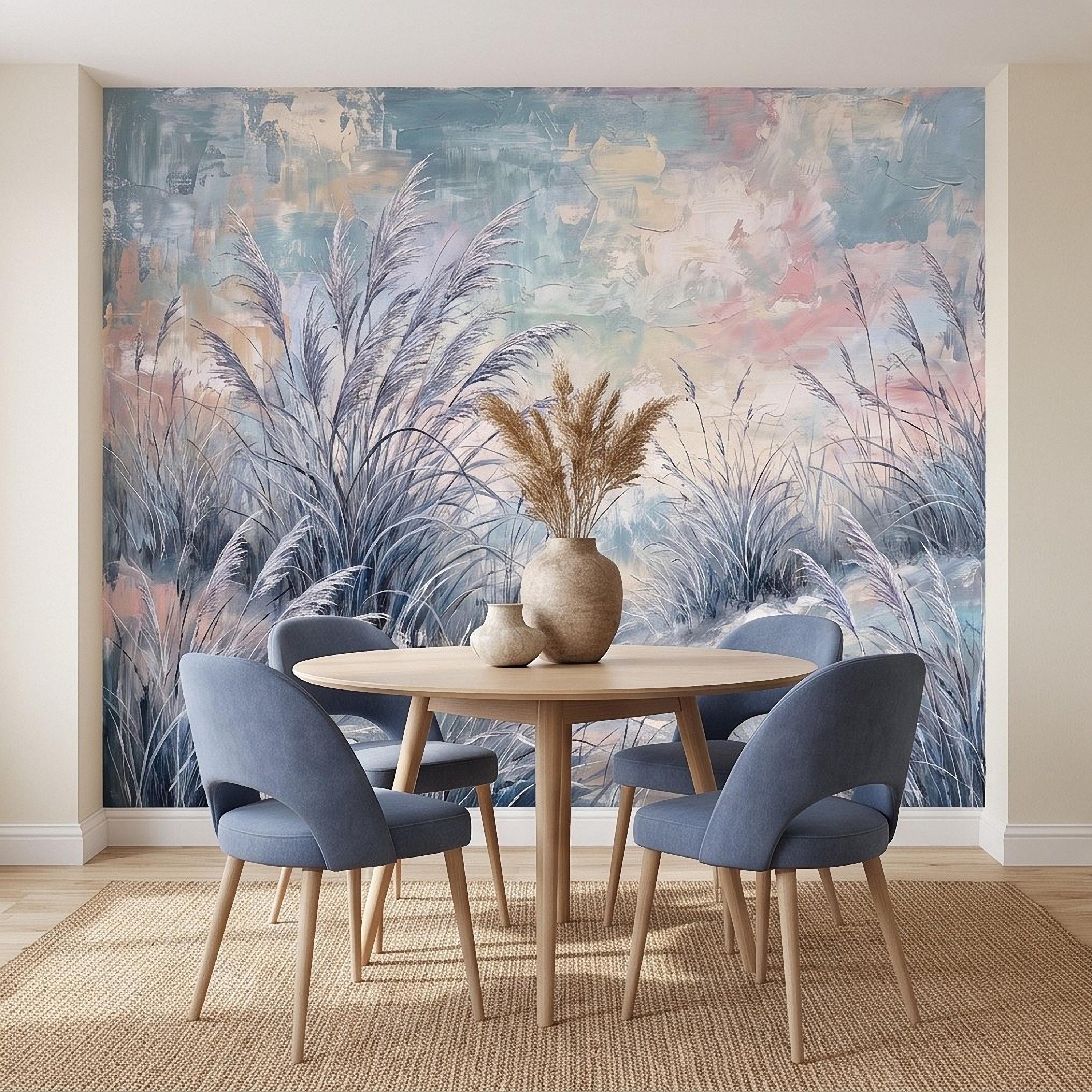 Watercolor Pampas Grass Peel and Stick Wall Mural, Soft Pastel Meadow, Dreamy Botanical Landscape Neutral Wallpaper