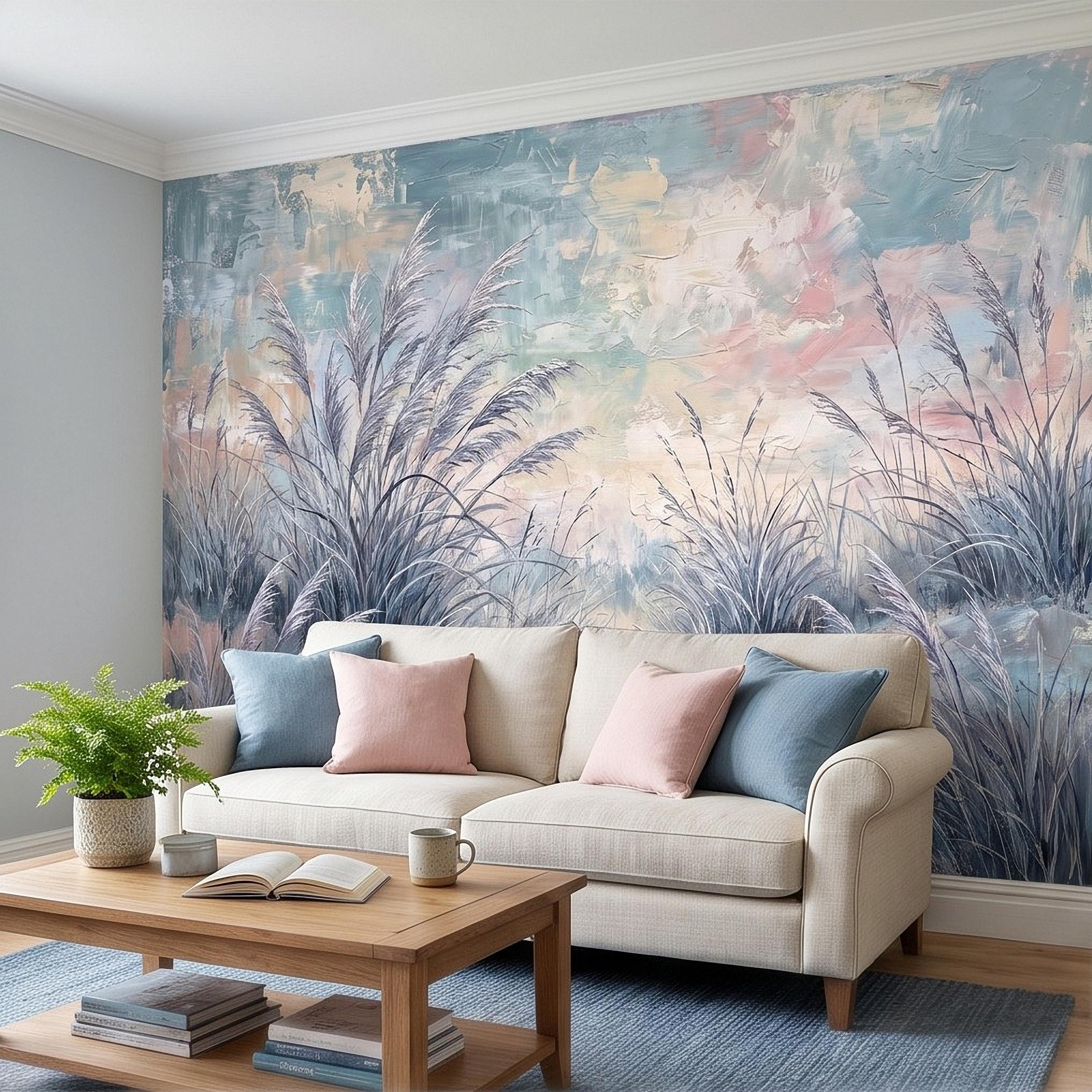 Watercolor Pampas Grass Peel and Stick Wall Mural, Soft Pastel Meadow, Dreamy Botanical Landscape Neutral Wallpaper