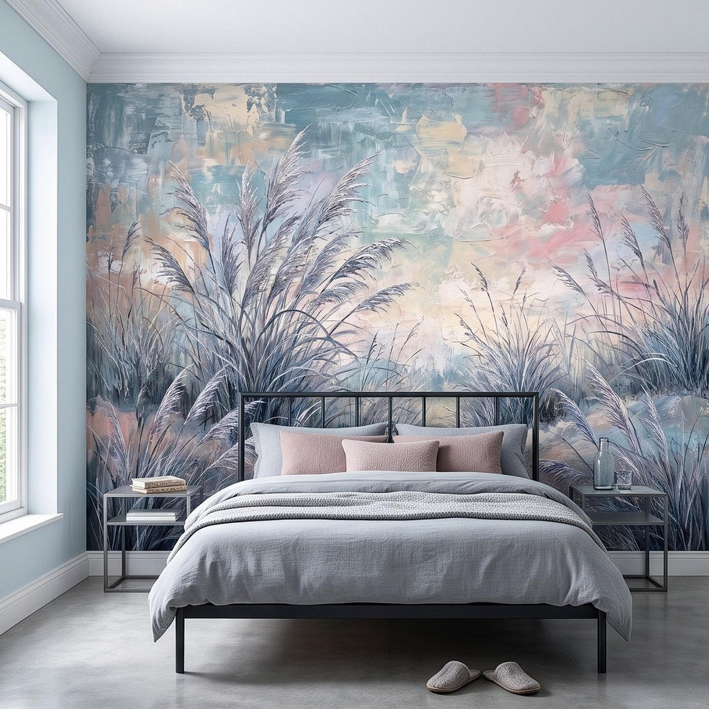 Watercolor Pampas Grass Peel and Stick Wall Mural, Soft Pastel Meadow, Dreamy Botanical Landscape Neutral Wallpaper