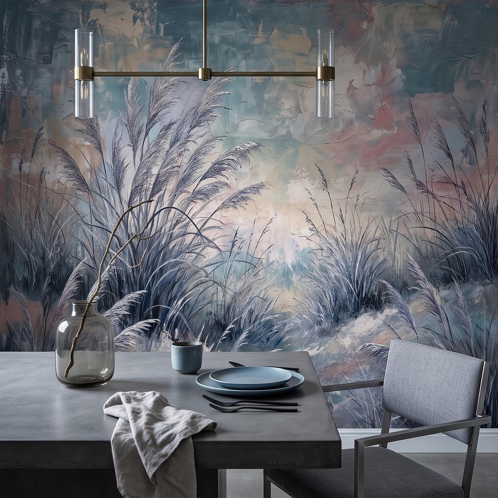 Watercolor Pampas Grass Peel and Stick Wall Mural, Soft Pastel Meadow, Dreamy Botanical Landscape Neutral Wallpaper