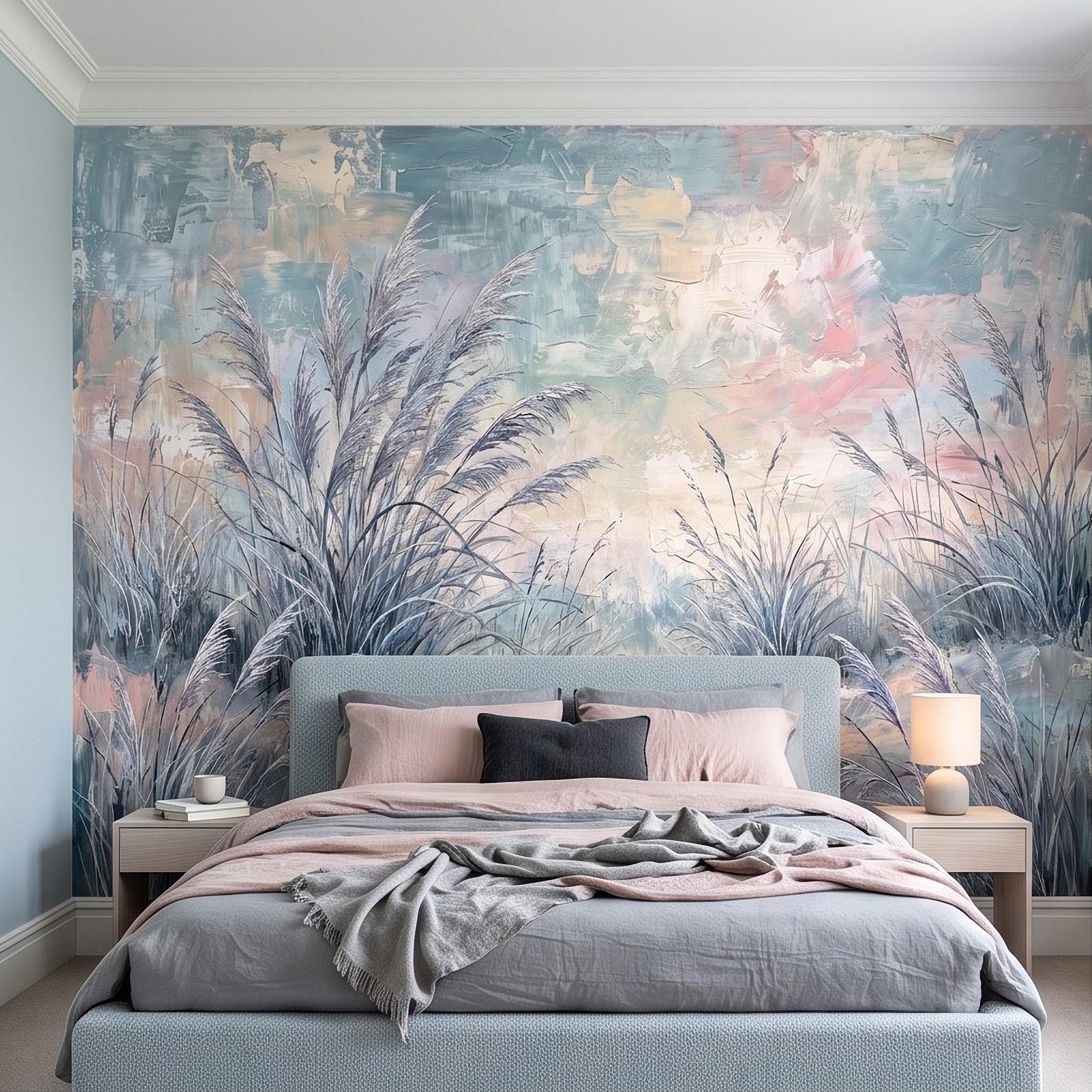 Watercolor Pampas Grass Peel and Stick Wall Mural, Soft Pastel Meadow, Dreamy Botanical Landscape Neutral Wallpaper