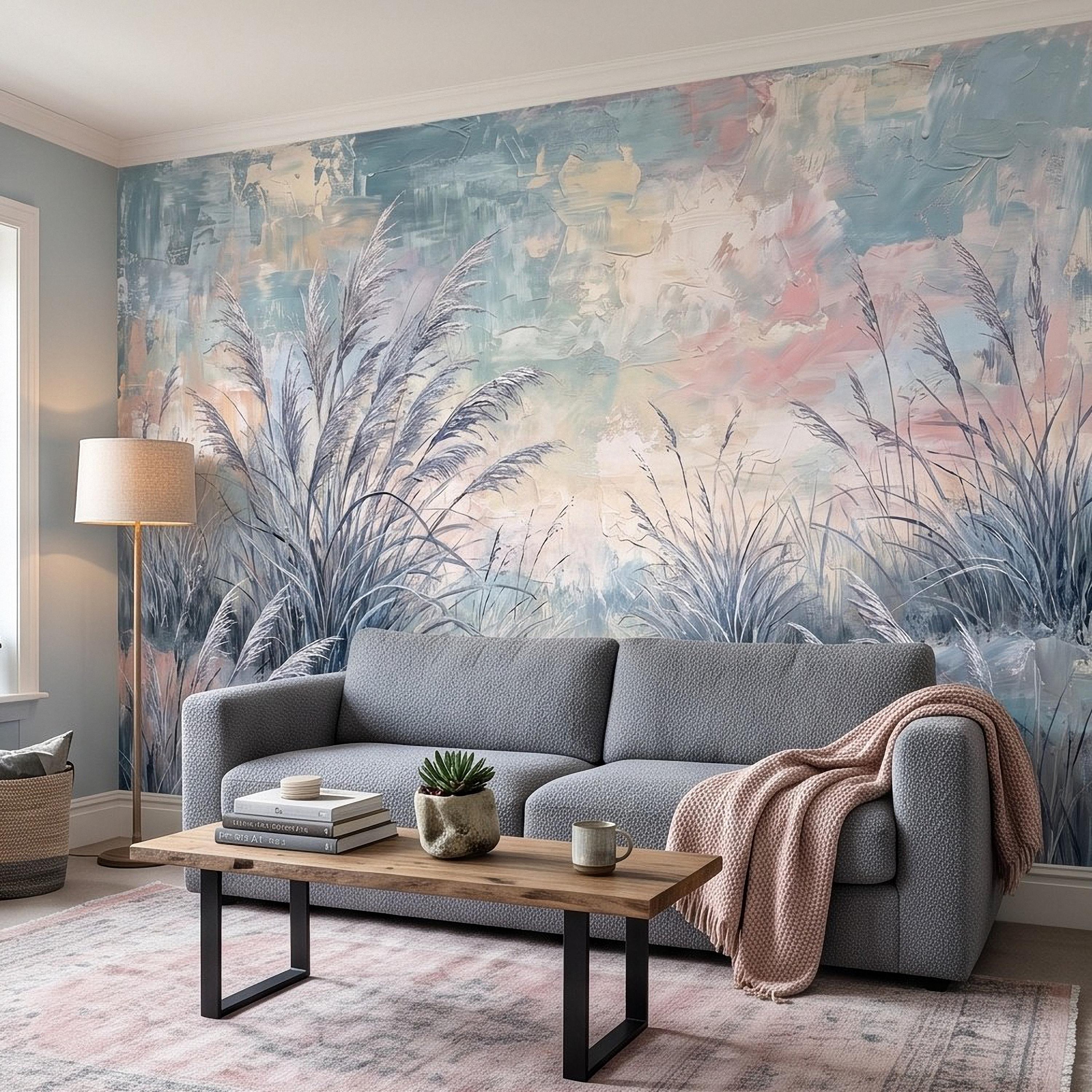 Watercolor Pampas Grass Peel and Stick Wall Mural, Soft Pastel Meadow, Dreamy Botanical Landscape Neutral Wallpaper
