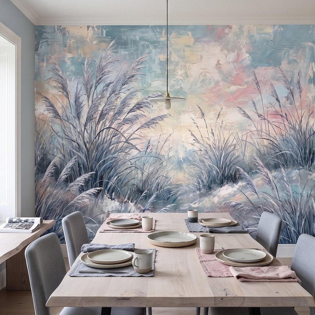 Watercolor Pampas Grass Peel and Stick Wall Mural, Soft Pastel Meadow, Dreamy Botanical Landscape Neutral Wallpaper