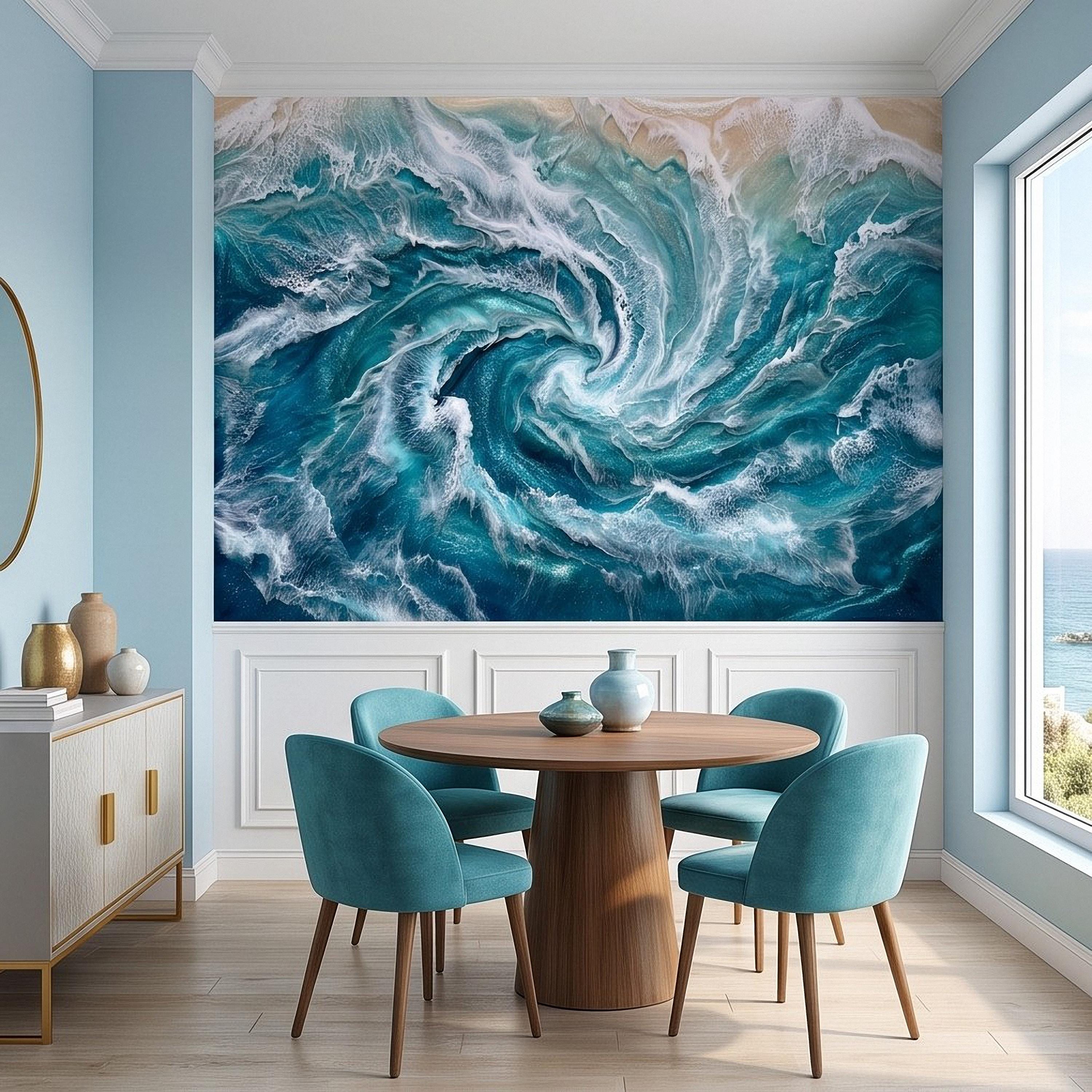 Ocean Wave Peel and Stick Wall Mural, Abstract Turquoise Sea Swirl, Foaming Coastal Water Resin Art Wallpaper