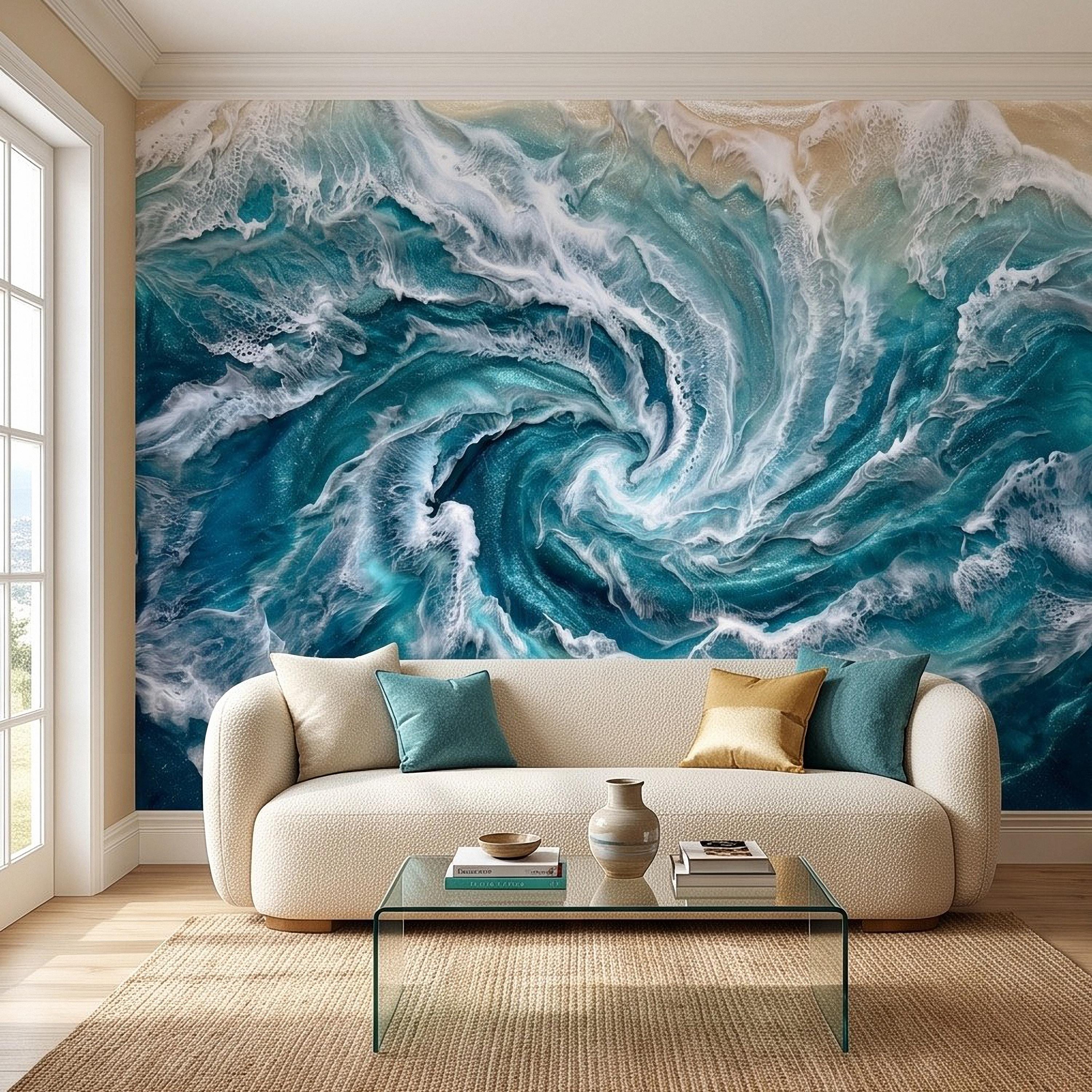 Ocean Wave Peel and Stick Wall Mural, Abstract Turquoise Sea Swirl, Foaming Coastal Water Resin Art Wallpaper