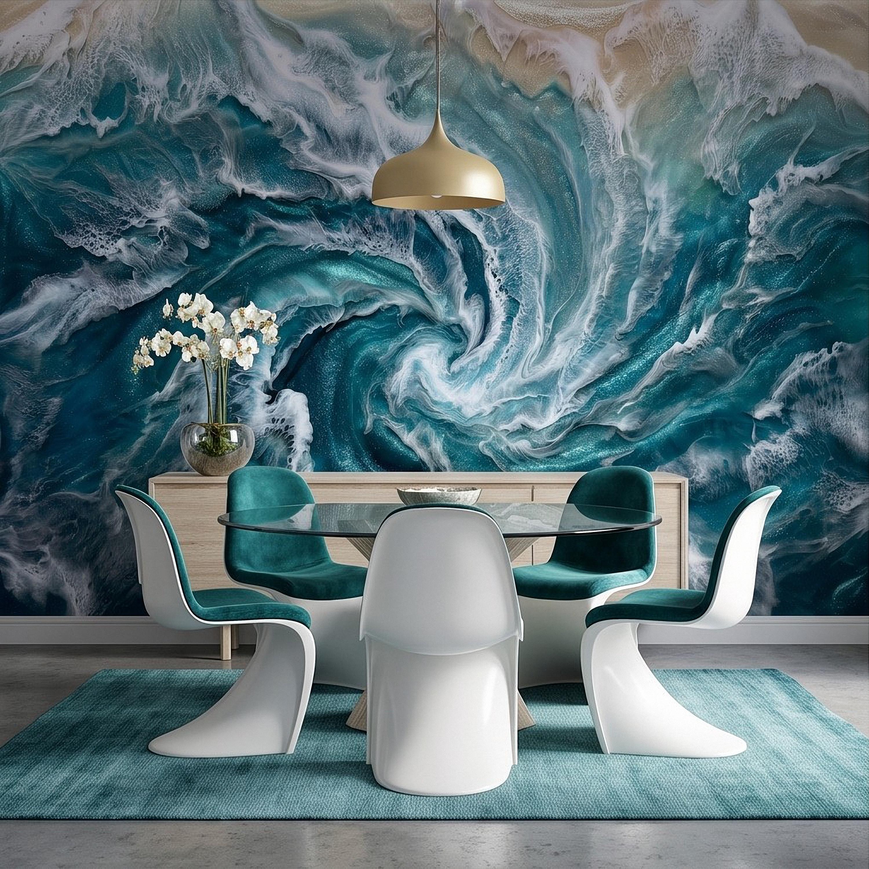 Ocean Wave Peel and Stick Wall Mural, Abstract Turquoise Sea Swirl, Foaming Coastal Water Resin Art Wallpaper