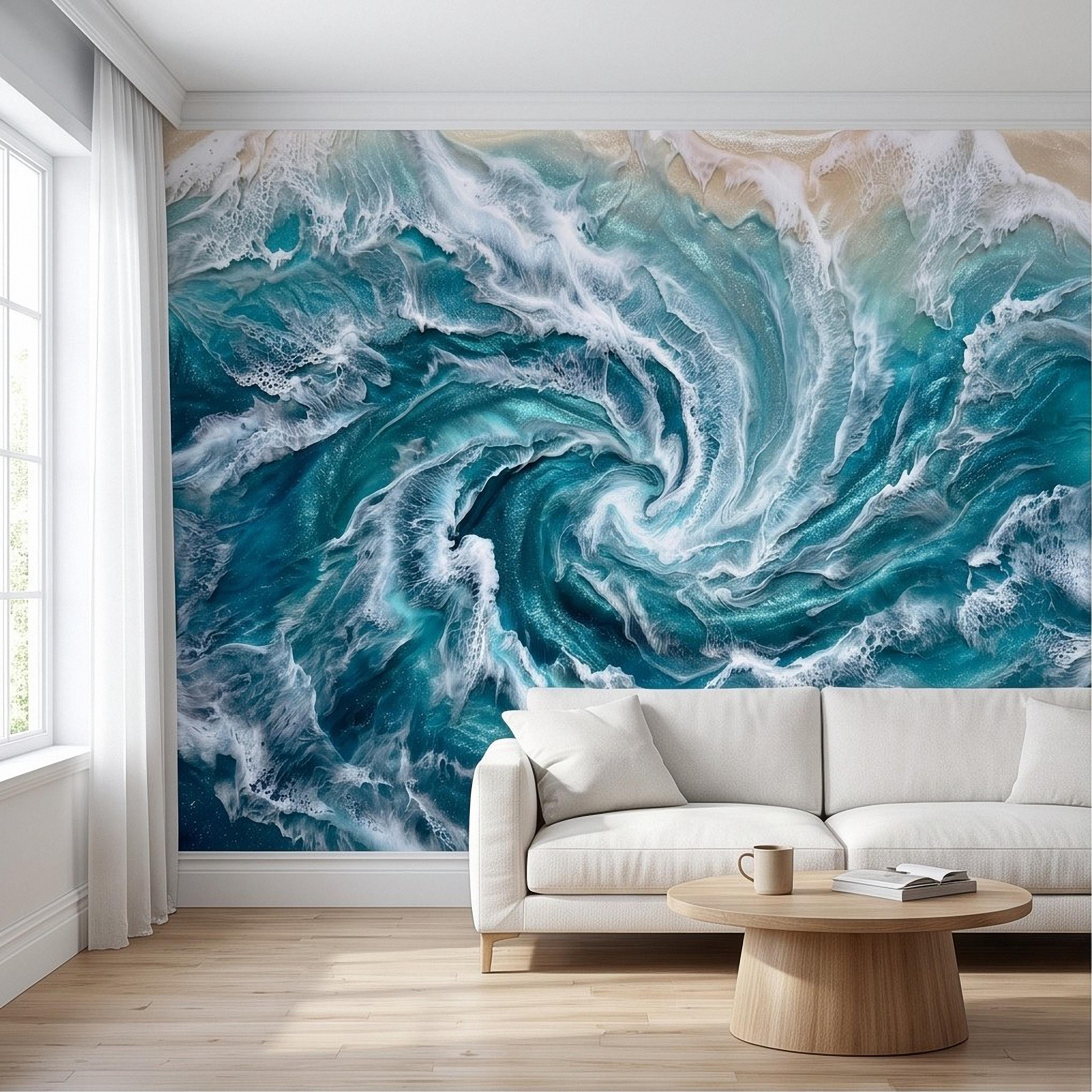 Ocean Wave Peel and Stick Wall Mural, Abstract Turquoise Sea Swirl, Foaming Coastal Water Resin Art Wallpaper