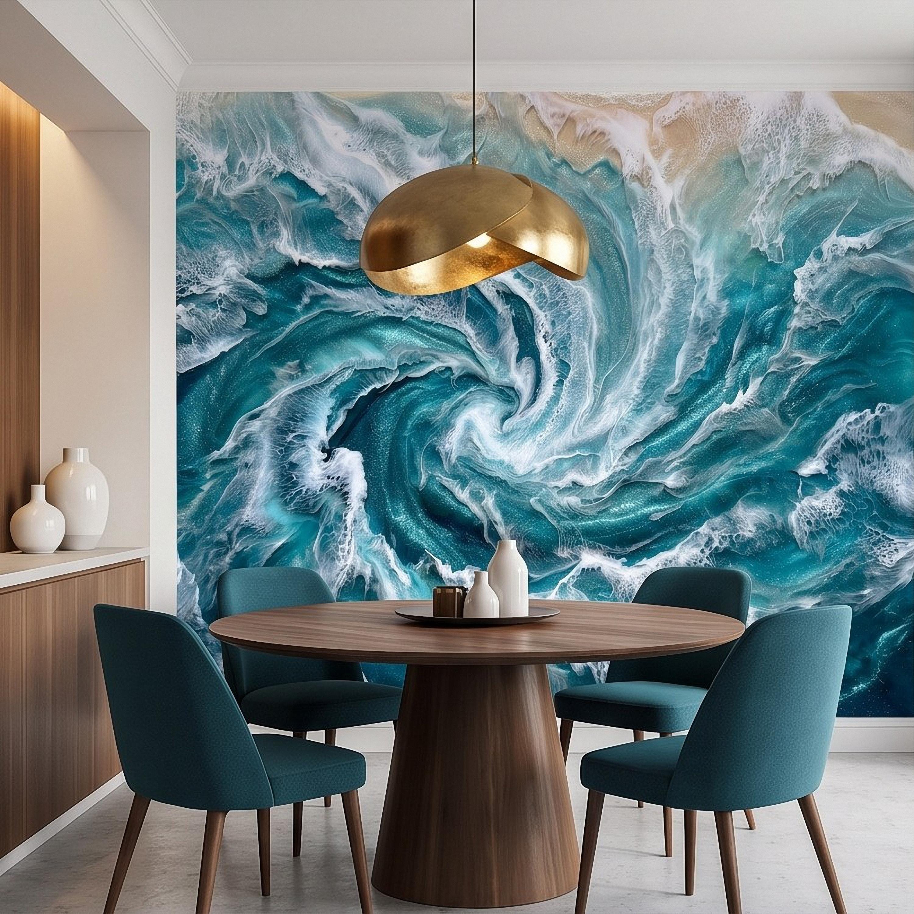 Ocean Wave Peel and Stick Wall Mural, Abstract Turquoise Sea Swirl, Foaming Coastal Water Resin Art Wallpaper