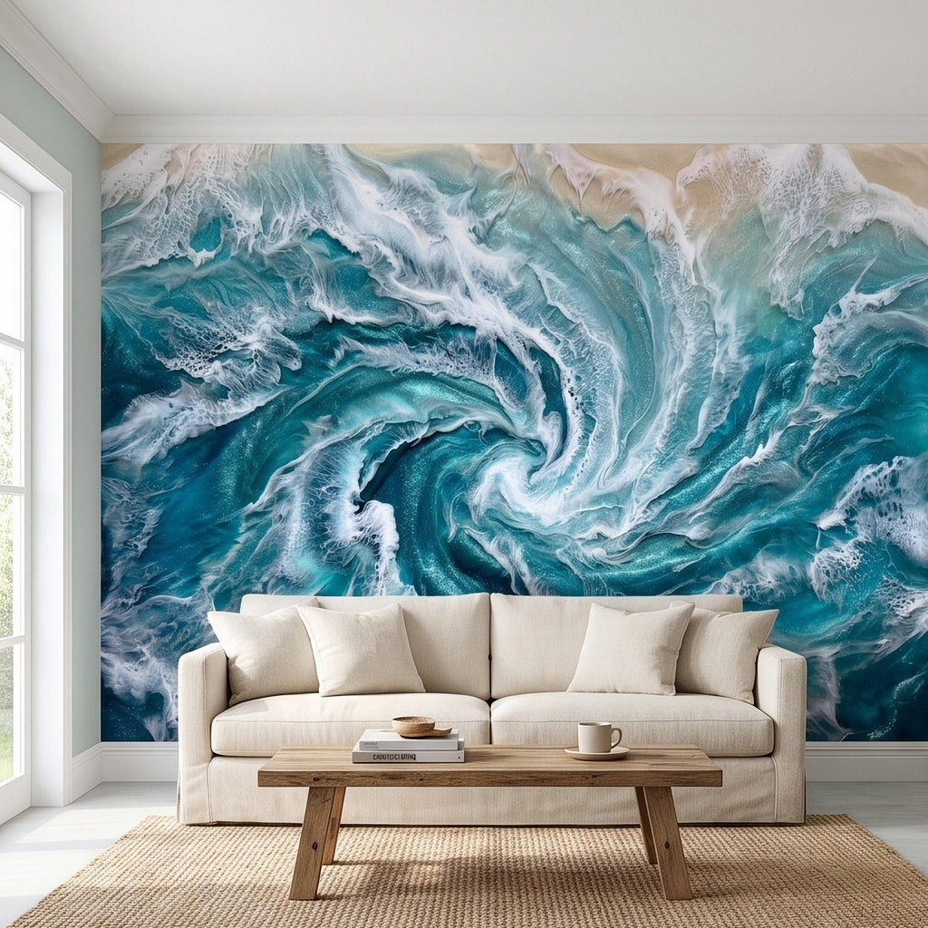 Ocean Wave Peel and Stick Wall Mural, Abstract Turquoise Sea Swirl, Foaming Coastal Water Resin Art Wallpaper