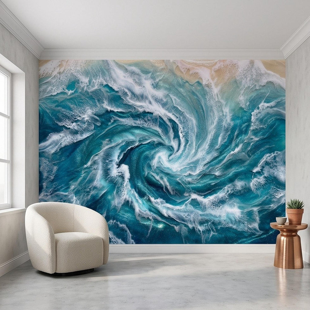 Ocean Wave Peel and Stick Wall Mural, Abstract Turquoise Sea Swirl, Foaming Coastal Water Resin Art Wallpaper