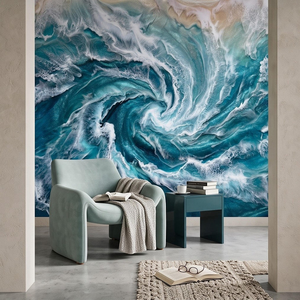 Ocean Wave Peel and Stick Wall Mural, Abstract Turquoise Sea Swirl, Foaming Coastal Water Resin Art Wallpaper