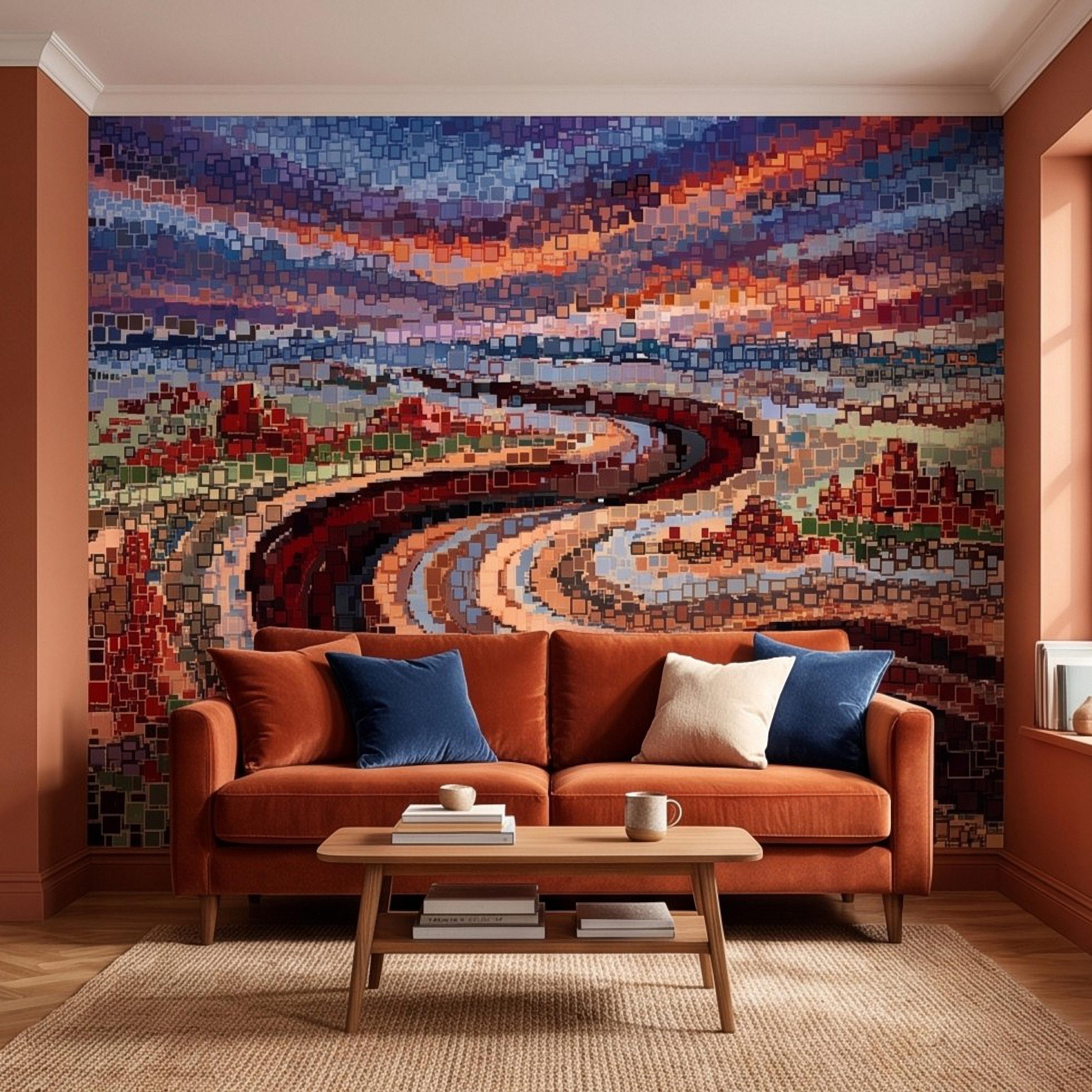 Abstract Mosaic Landscape Peel and Stick Wall Mural, Winding River Sunset Scene, Geometric Square Tiles Colorful Wallpaper