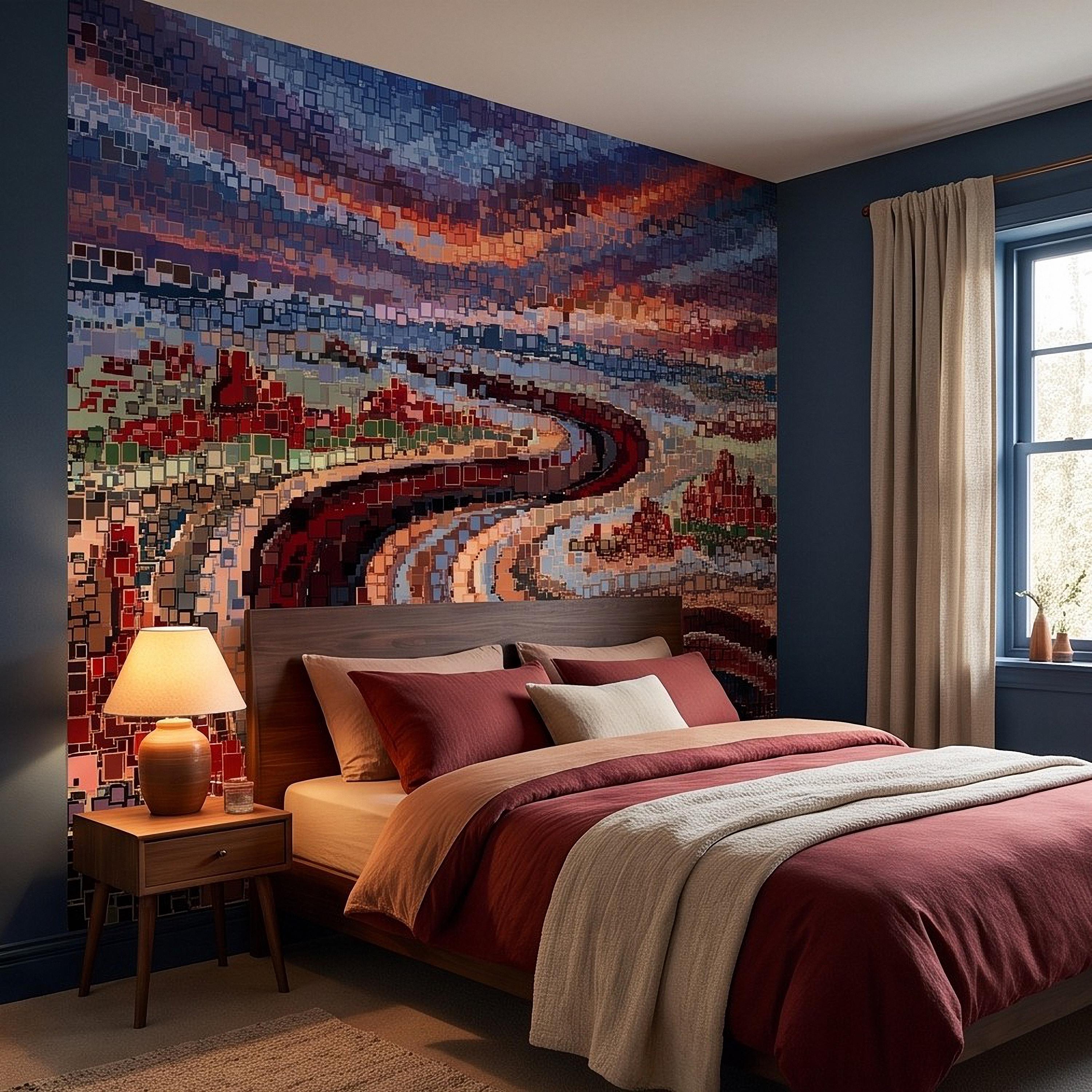 Abstract Mosaic Landscape Peel and Stick Wall Mural, Winding River Sunset Scene, Geometric Square Tiles Colorful Wallpaper