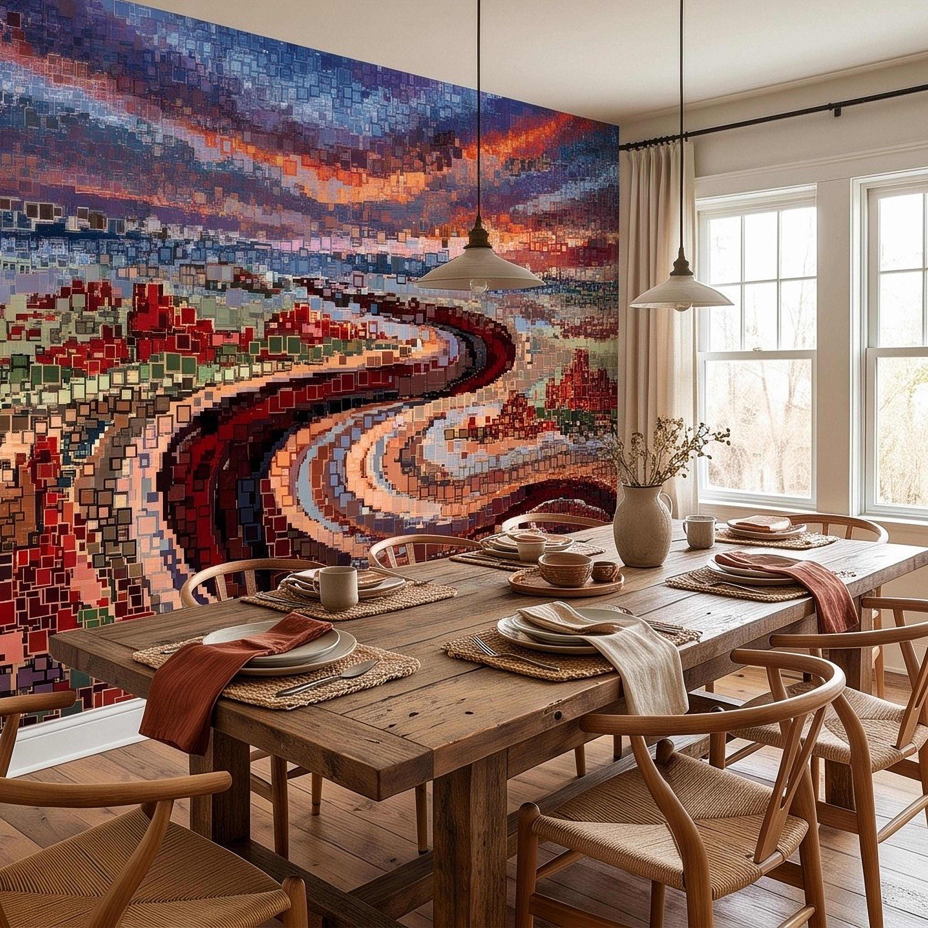 Abstract Mosaic Landscape Peel and Stick Wall Mural, Winding River Sunset Scene, Geometric Square Tiles Colorful Wallpaper
