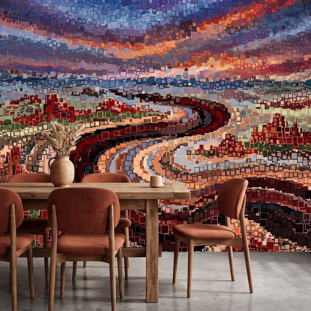 Abstract Mosaic Landscape Peel and Stick Wall Mural, Winding River Sunset Scene, Geometric Square Tiles Colorful Wallpaper