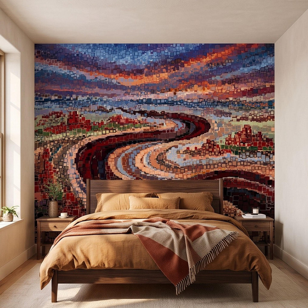 Abstract Mosaic Landscape Peel and Stick Wall Mural, Winding River Sunset Scene, Geometric Square Tiles Colorful Wallpaper