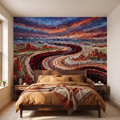 Square mosaic wall mural showing a winding river through colorful sunset blocks
