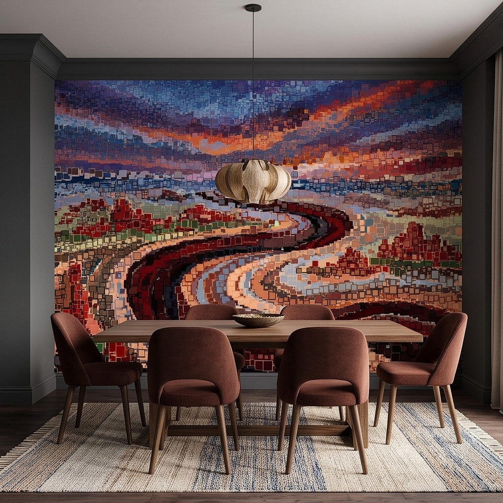 Abstract Mosaic Landscape Peel and Stick Wall Mural, Winding River Sunset Scene, Geometric Square Tiles Colorful Wallpaper