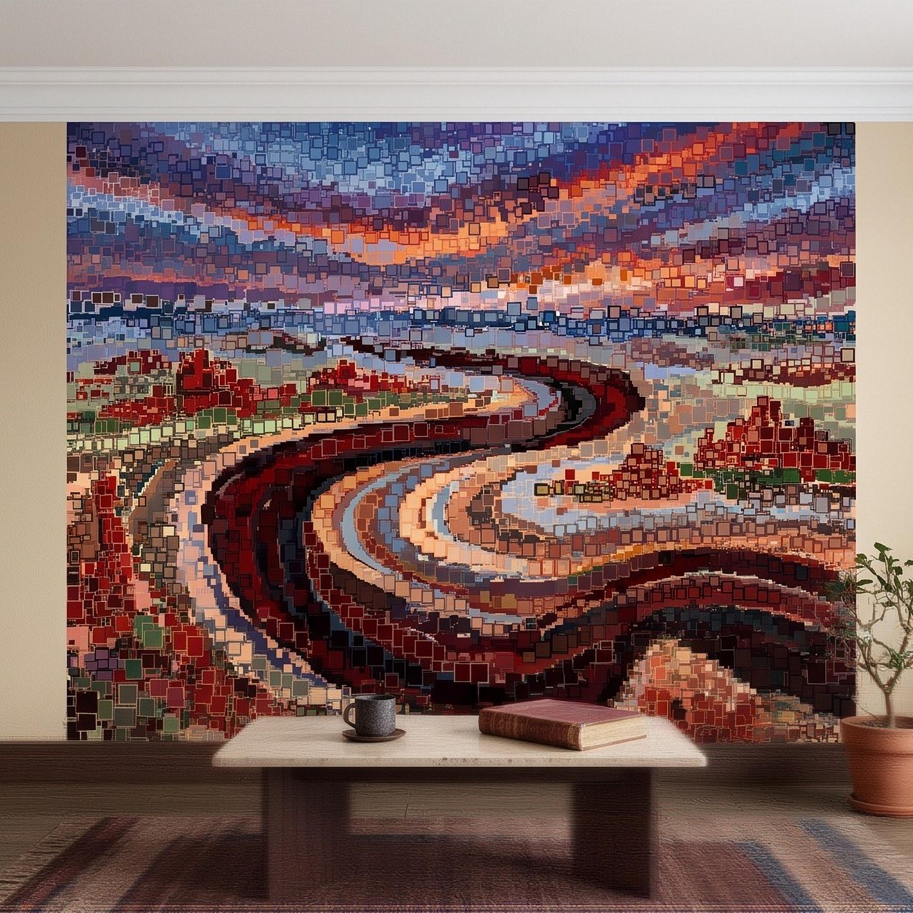 Abstract Mosaic Landscape Peel and Stick Wall Mural, Winding River Sunset Scene, Geometric Square Tiles Colorful Wallpaper