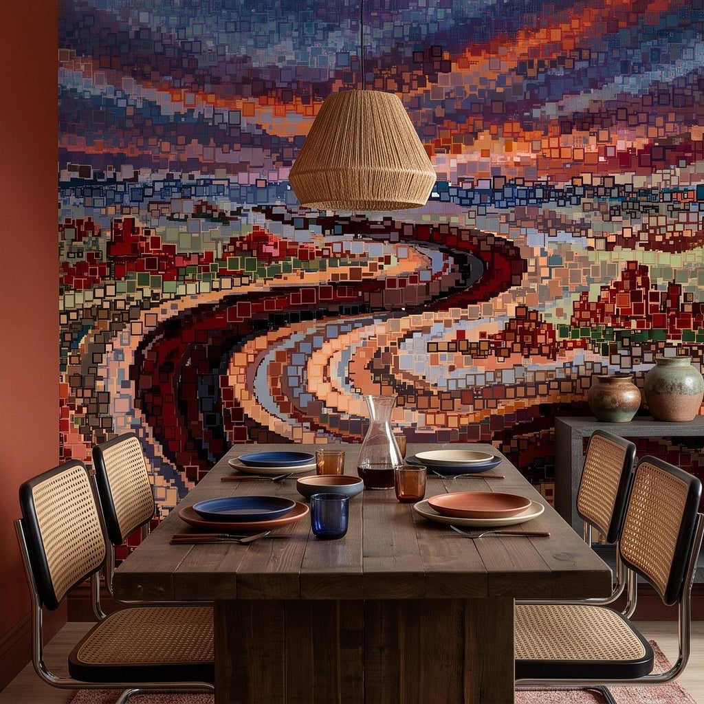 Abstract Mosaic Landscape Peel and Stick Wall Mural, Winding River Sunset Scene, Geometric Square Tiles Colorful Wallpaper