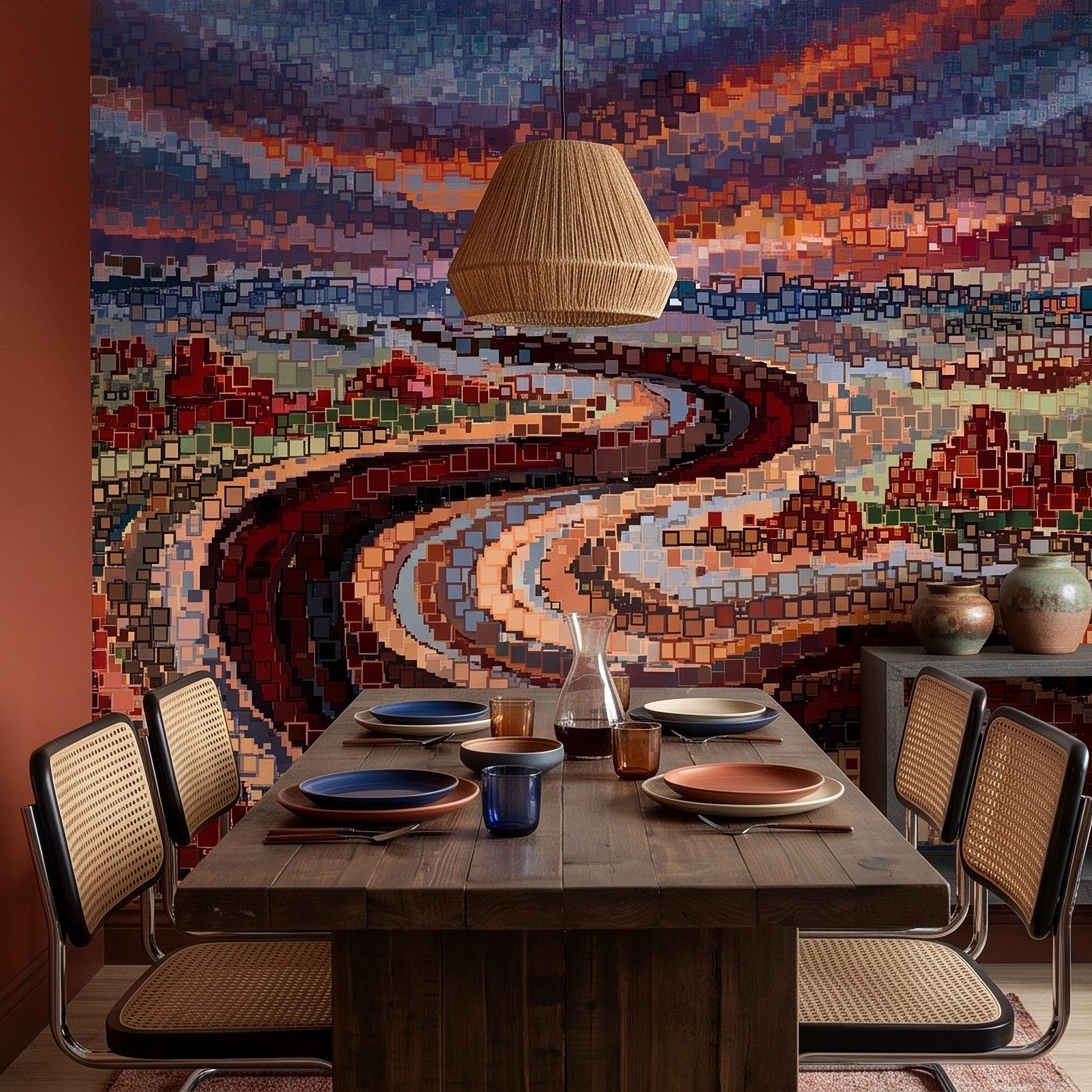 Abstract Mosaic Landscape Peel and Stick Wall Mural, Winding River Sunset Scene, Geometric Square Tiles Colorful Wallpaper