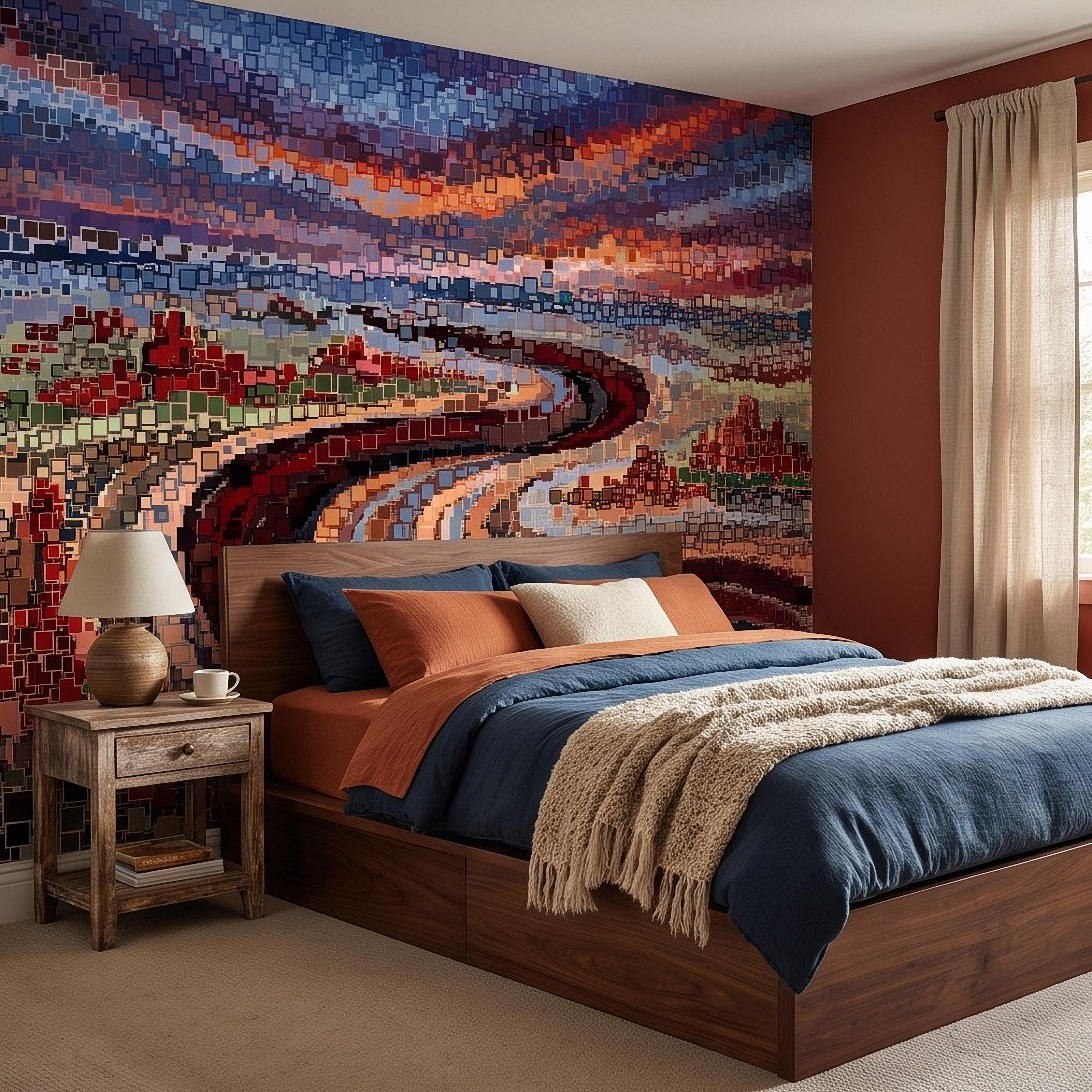 Abstract Mosaic Landscape Peel and Stick Wall Mural, Winding River Sunset Scene, Geometric Square Tiles Colorful Wallpaper