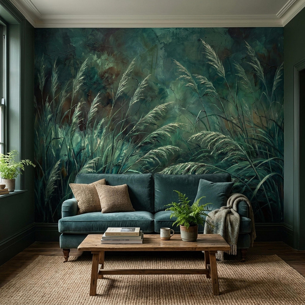Moody Pampas Grass Peel and Stick Wall Mural, Dark Botanical Meadow Dramatic Wild Reeds Nature Wallpaper