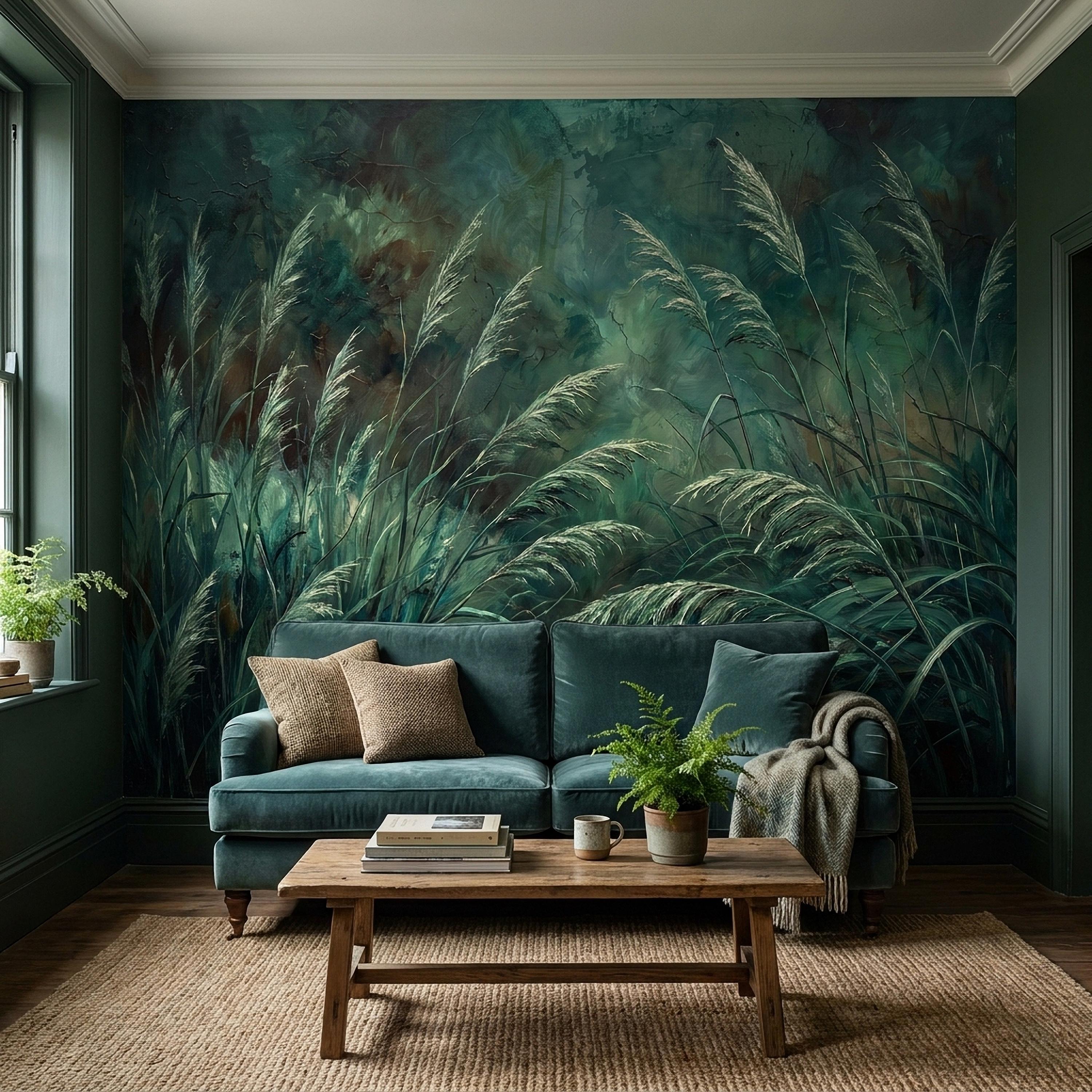 Moody Pampas Grass Peel and Stick Wall Mural, Dark Botanical Meadow Dramatic Wild Reeds Nature Wallpaper