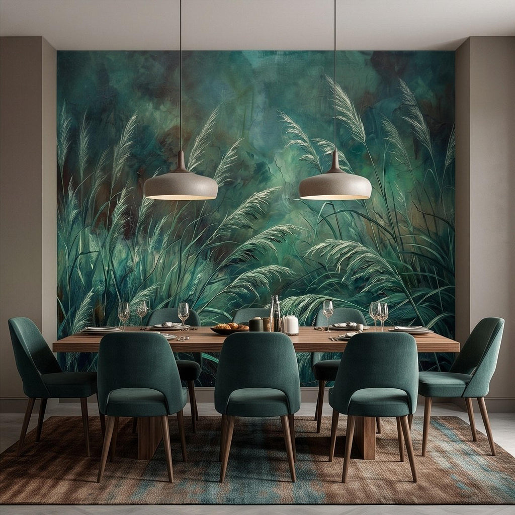 Moody Pampas Grass Peel and Stick Wall Mural, Dark Botanical Meadow Dramatic Wild Reeds Nature Wallpaper