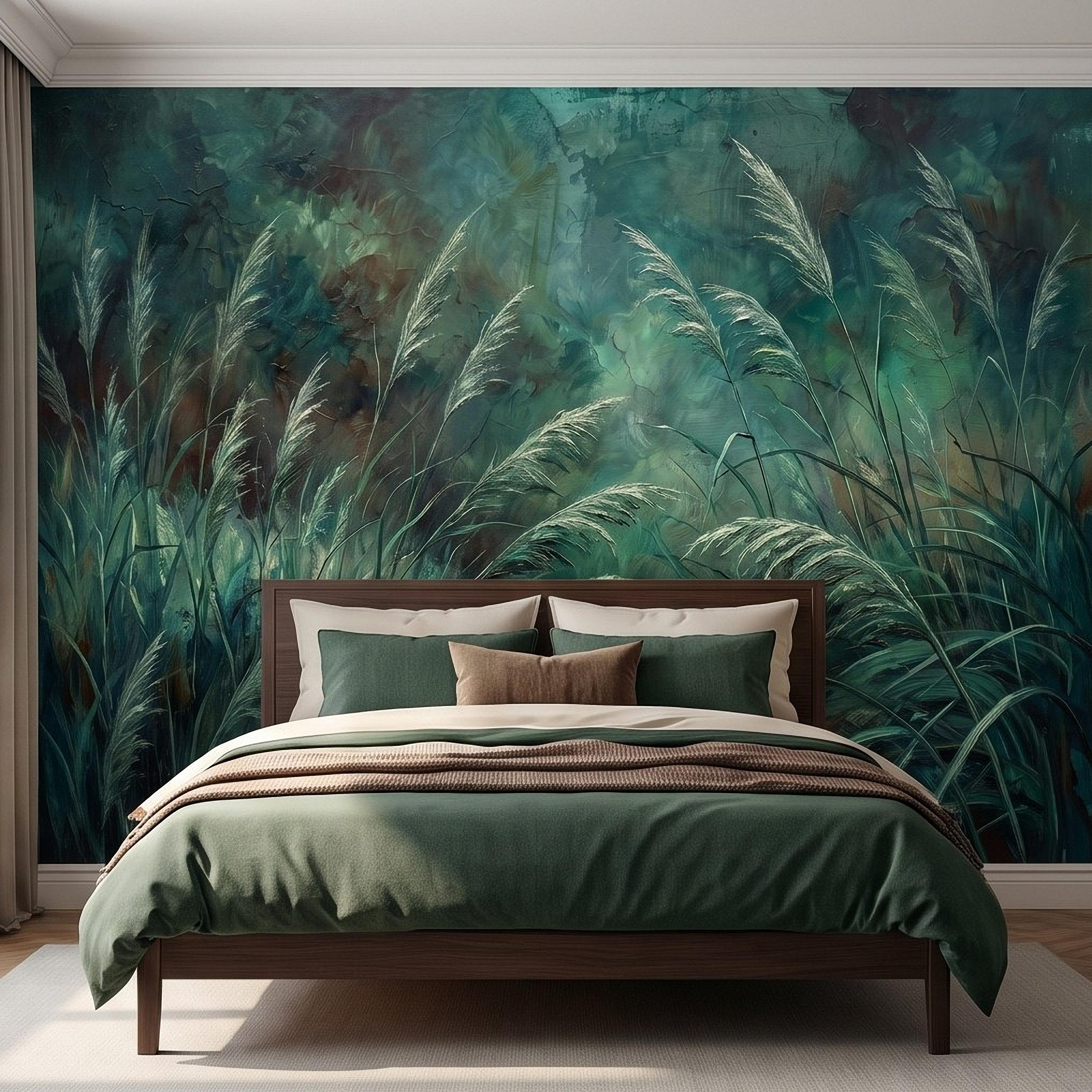 Moody Pampas Grass Peel and Stick Wall Mural, Dark Botanical Meadow Dramatic Wild Reeds Nature Wallpaper