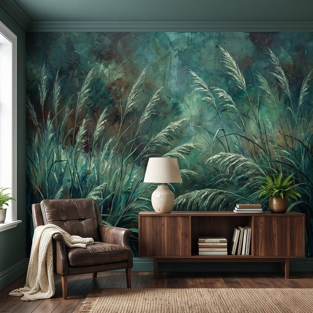 Moody Pampas Grass Peel and Stick Wall Mural, Dark Botanical Meadow Dramatic Wild Reeds Nature Wallpaper