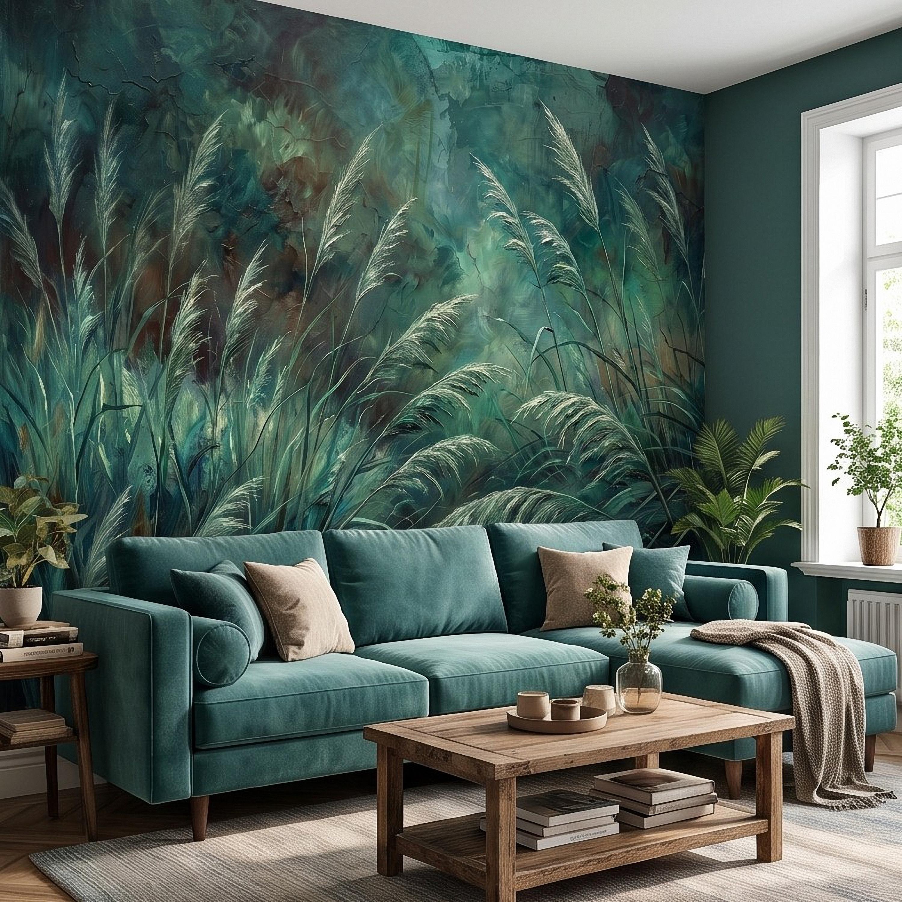 Moody Pampas Grass Peel and Stick Wall Mural, Dark Botanical Meadow Dramatic Wild Reeds Nature Wallpaper