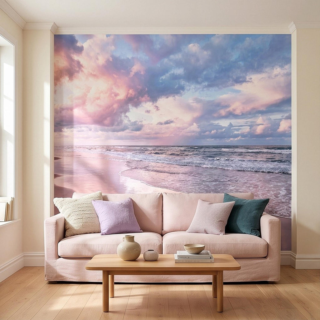 Pastel Beach Sunset Peel and Stick Wall Mural, Ocean Waves and Pink Sky Coastal Shoreline Reflection Seascape Wallpaper