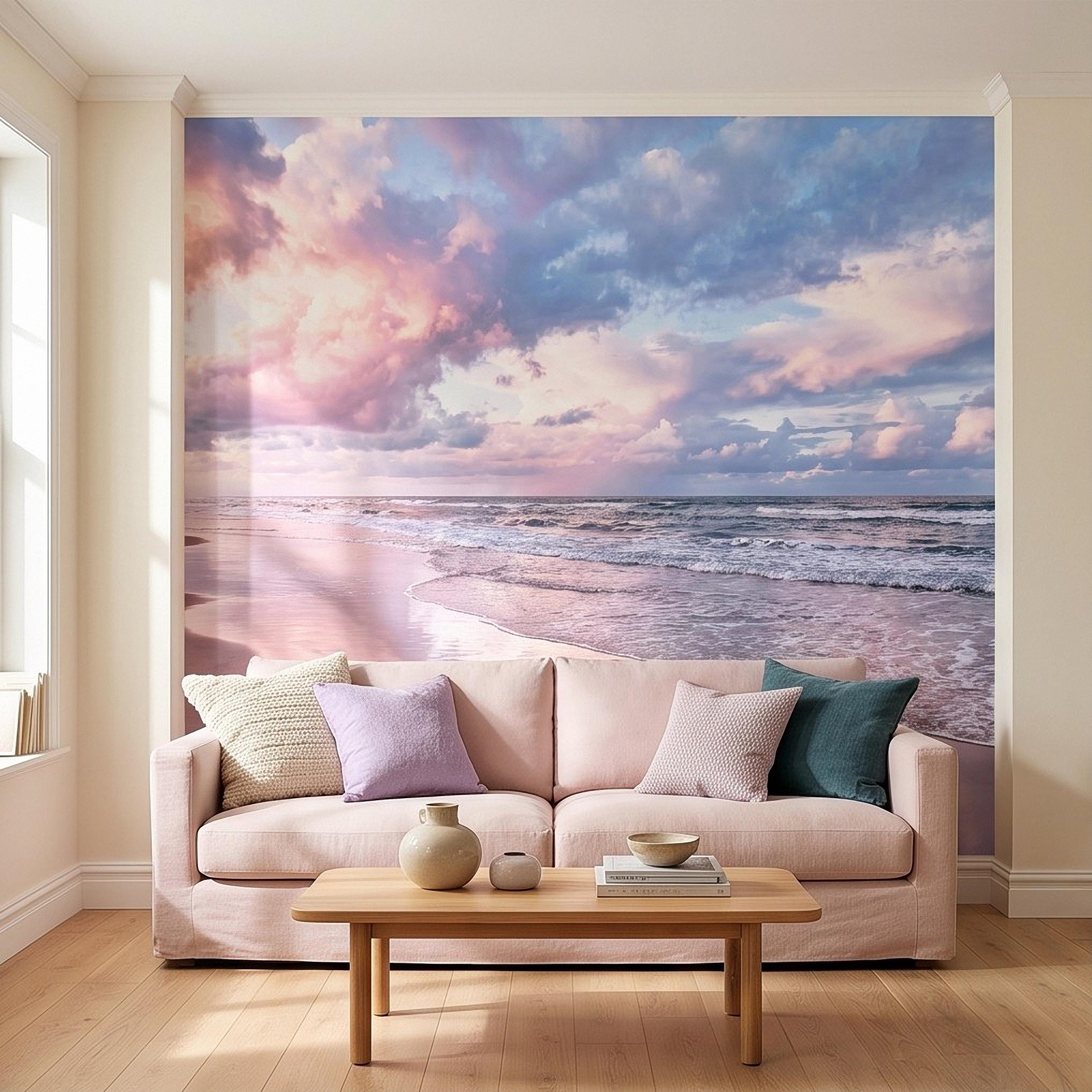 Pastel Beach Sunset Peel and Stick Wall Mural, Ocean Waves and Pink Sky Coastal Shoreline Reflection Seascape Wallpaper