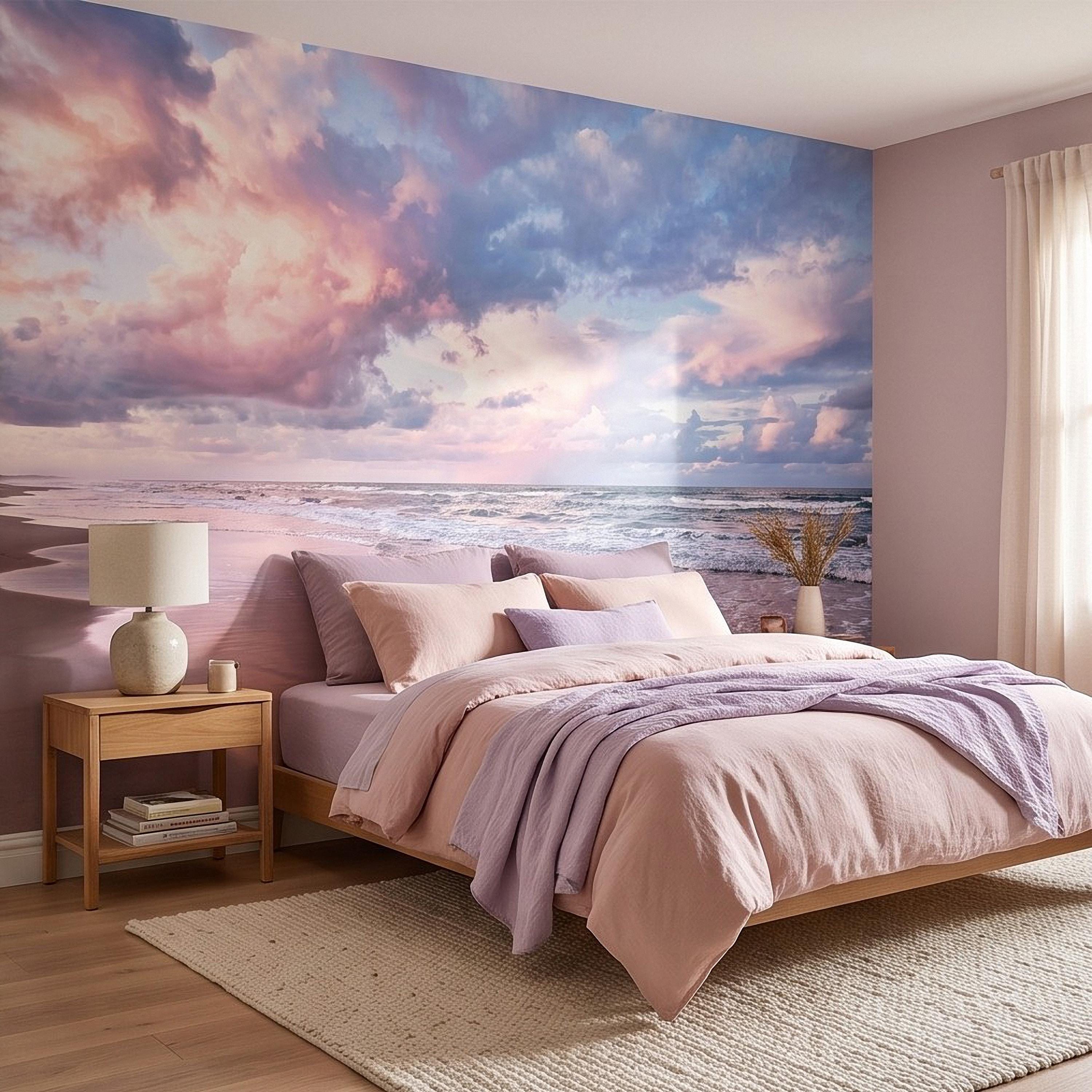 Pastel Beach Sunset Peel and Stick Wall Mural, Ocean Waves and Pink Sky Coastal Shoreline Reflection Seascape Wallpaper