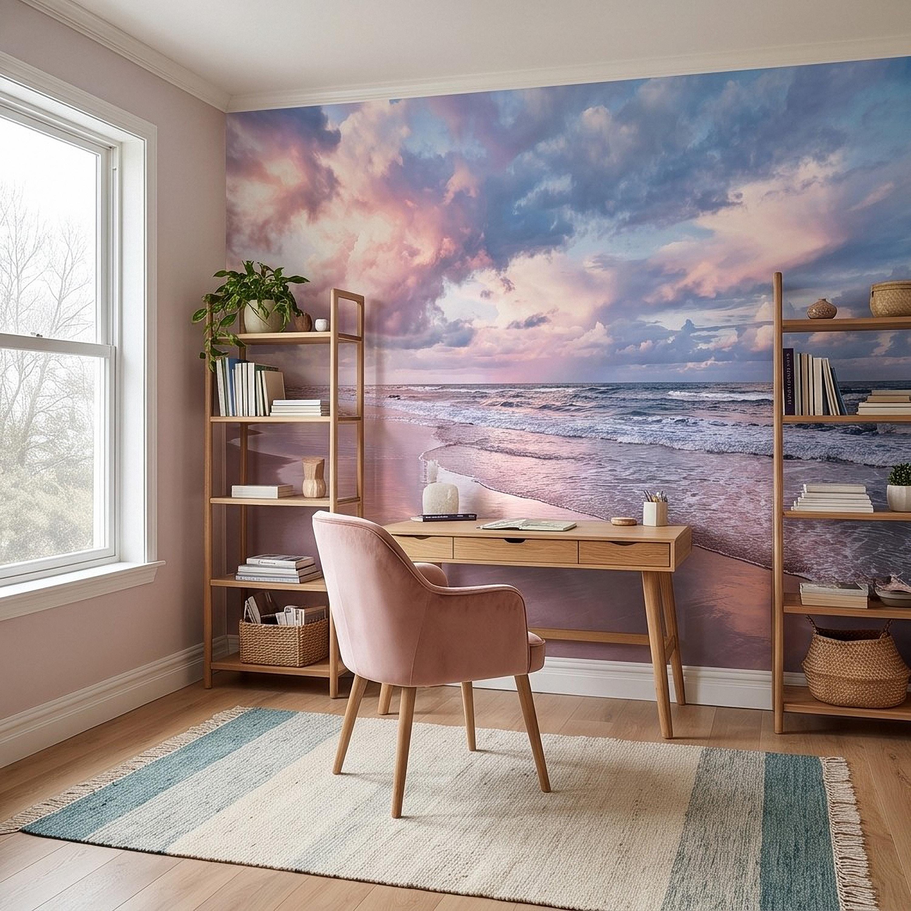 Pastel Beach Sunset Peel and Stick Wall Mural, Ocean Waves and Pink Sky Coastal Shoreline Reflection Seascape Wallpaper