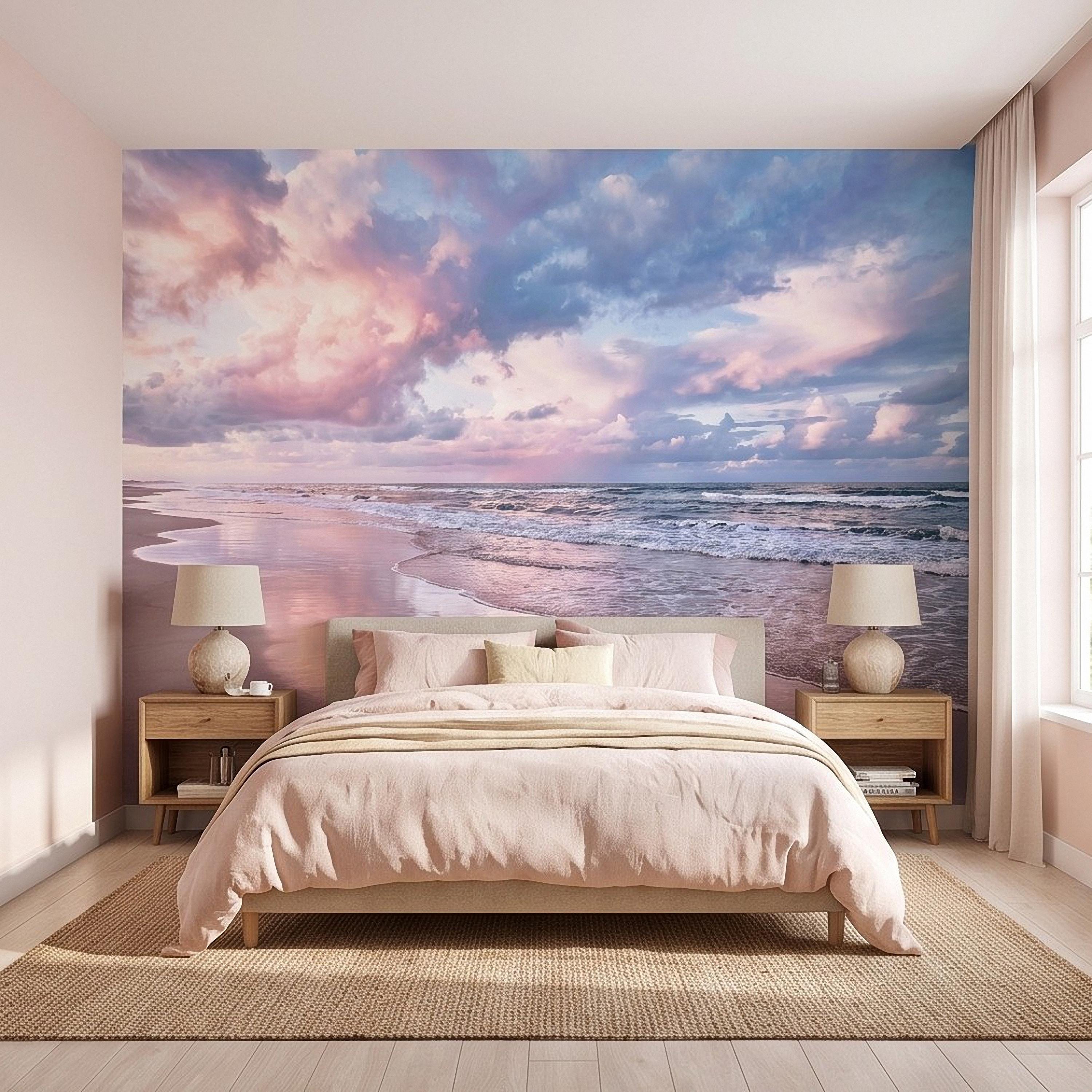 Pastel Beach Sunset Peel and Stick Wall Mural, Ocean Waves and Pink Sky Coastal Shoreline Reflection Seascape Wallpaper