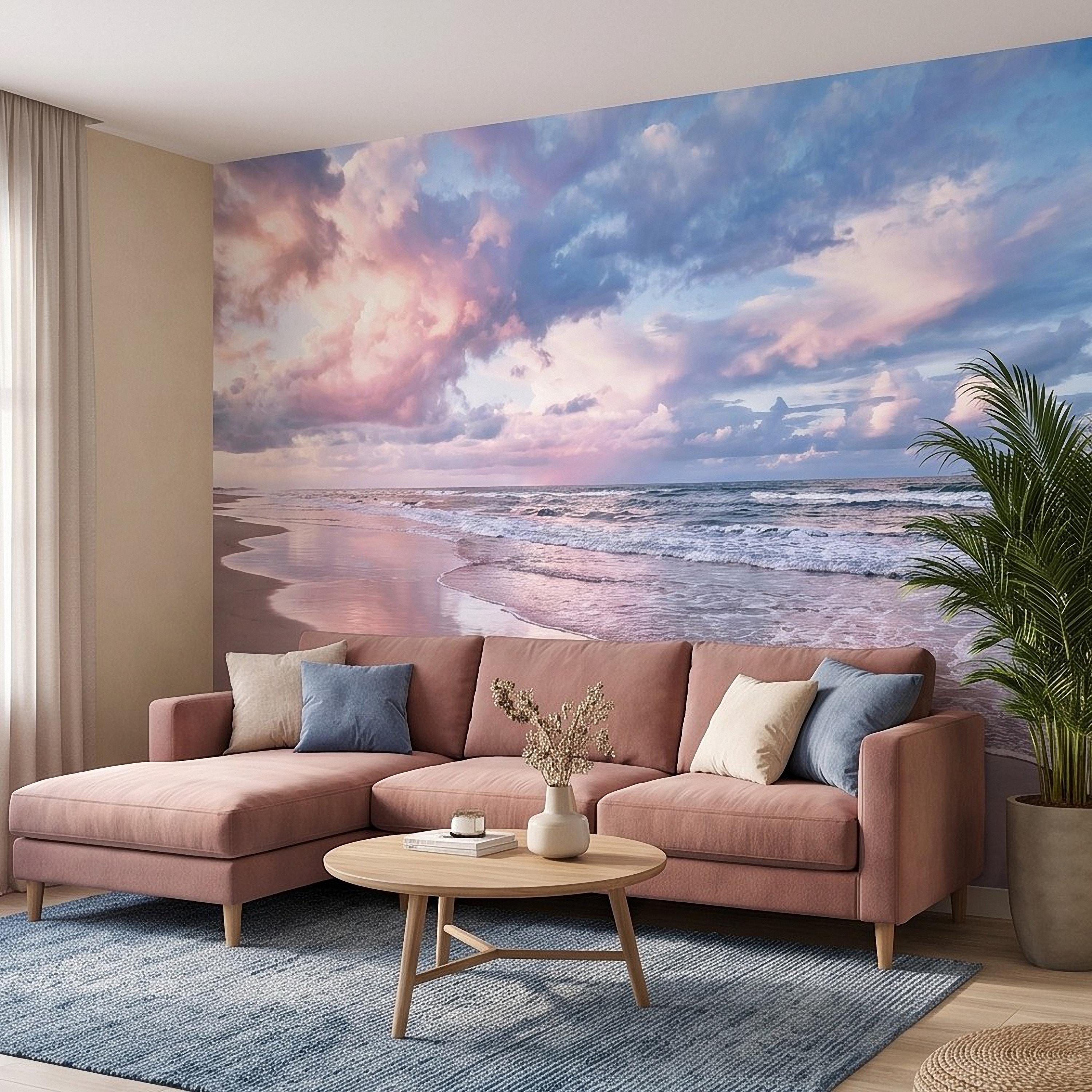 Pastel Beach Sunset Peel and Stick Wall Mural, Ocean Waves and Pink Sky Coastal Shoreline Reflection Seascape Wallpaper