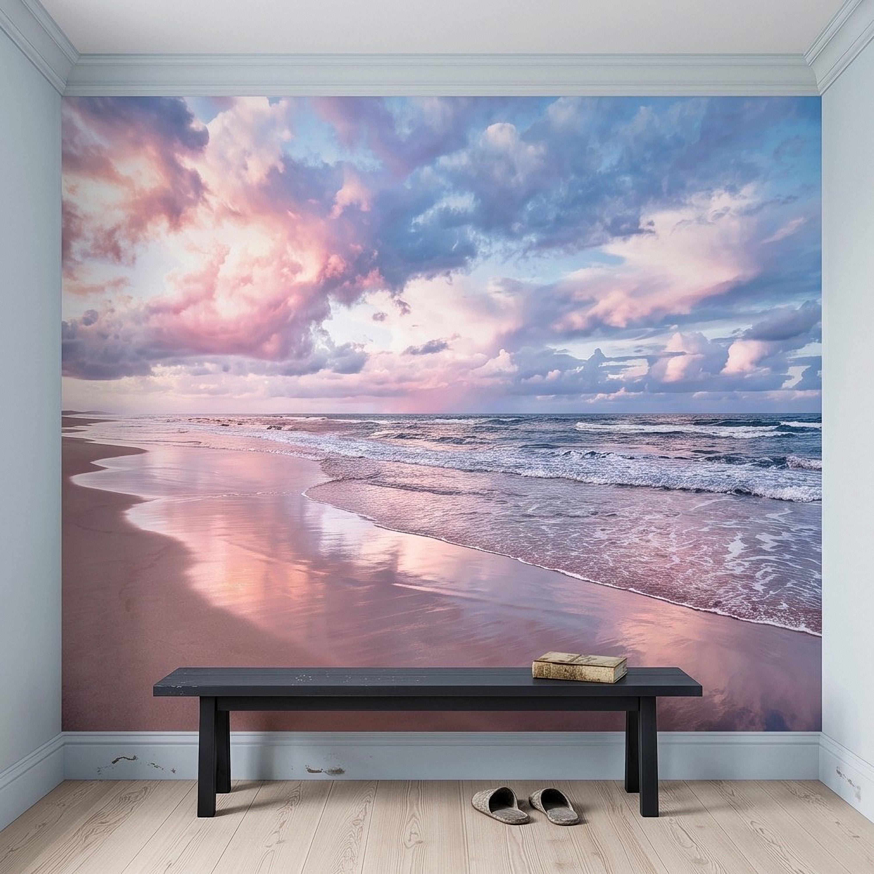 Pastel Beach Sunset Peel and Stick Wall Mural, Ocean Waves and Pink Sky Coastal Shoreline Reflection Seascape Wallpaper