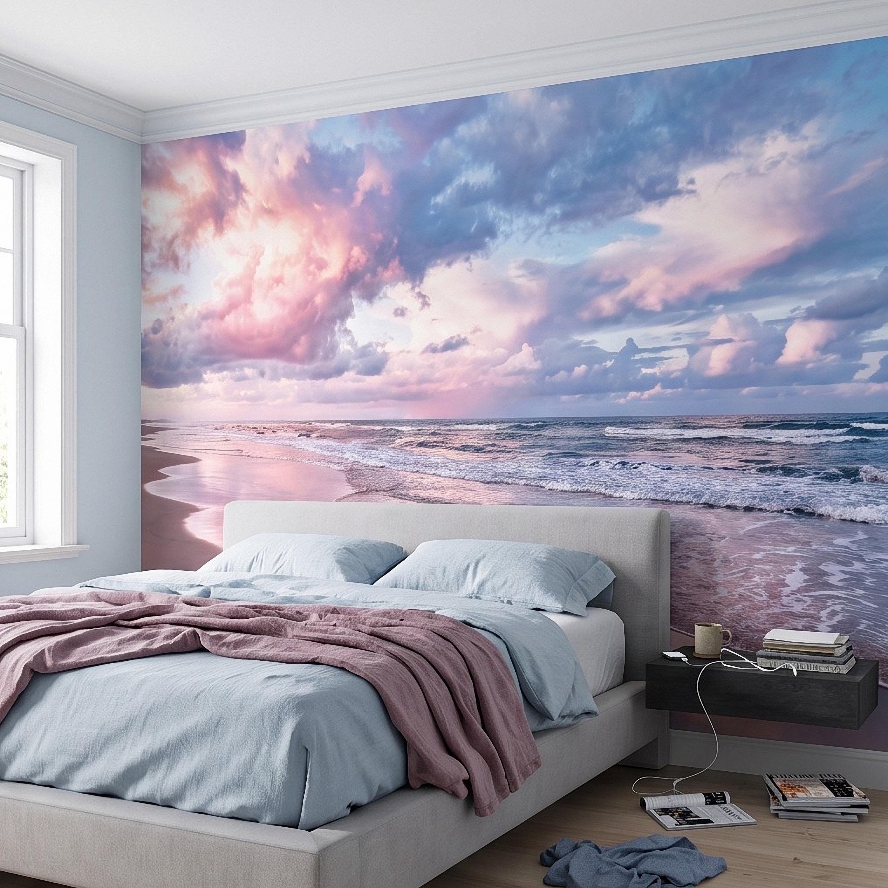 Pastel Beach Sunset Peel and Stick Wall Mural, Ocean Waves and Pink Sky Coastal Shoreline Reflection Seascape Wallpaper
